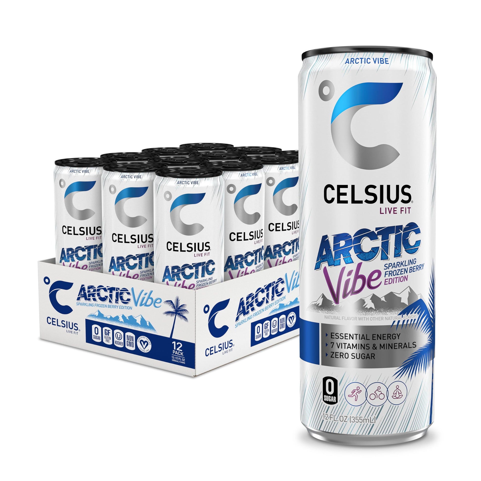 CELSIUS Arctic Vibe Sparkling Frozen Berry, Functional Essential Energy Drink, 12 Fl Oz