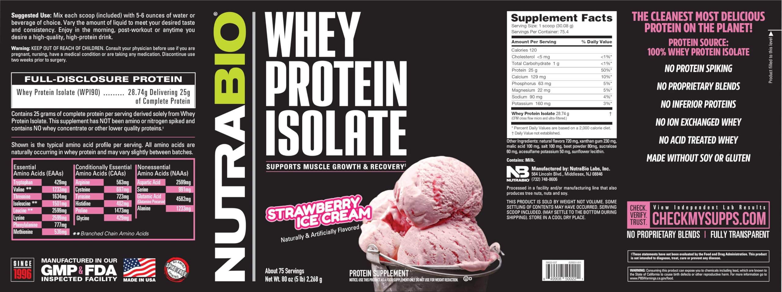 NutraBio Whey Protein Isolate Supplement – 25g of Protein Per Scoop with Complete NutraBio