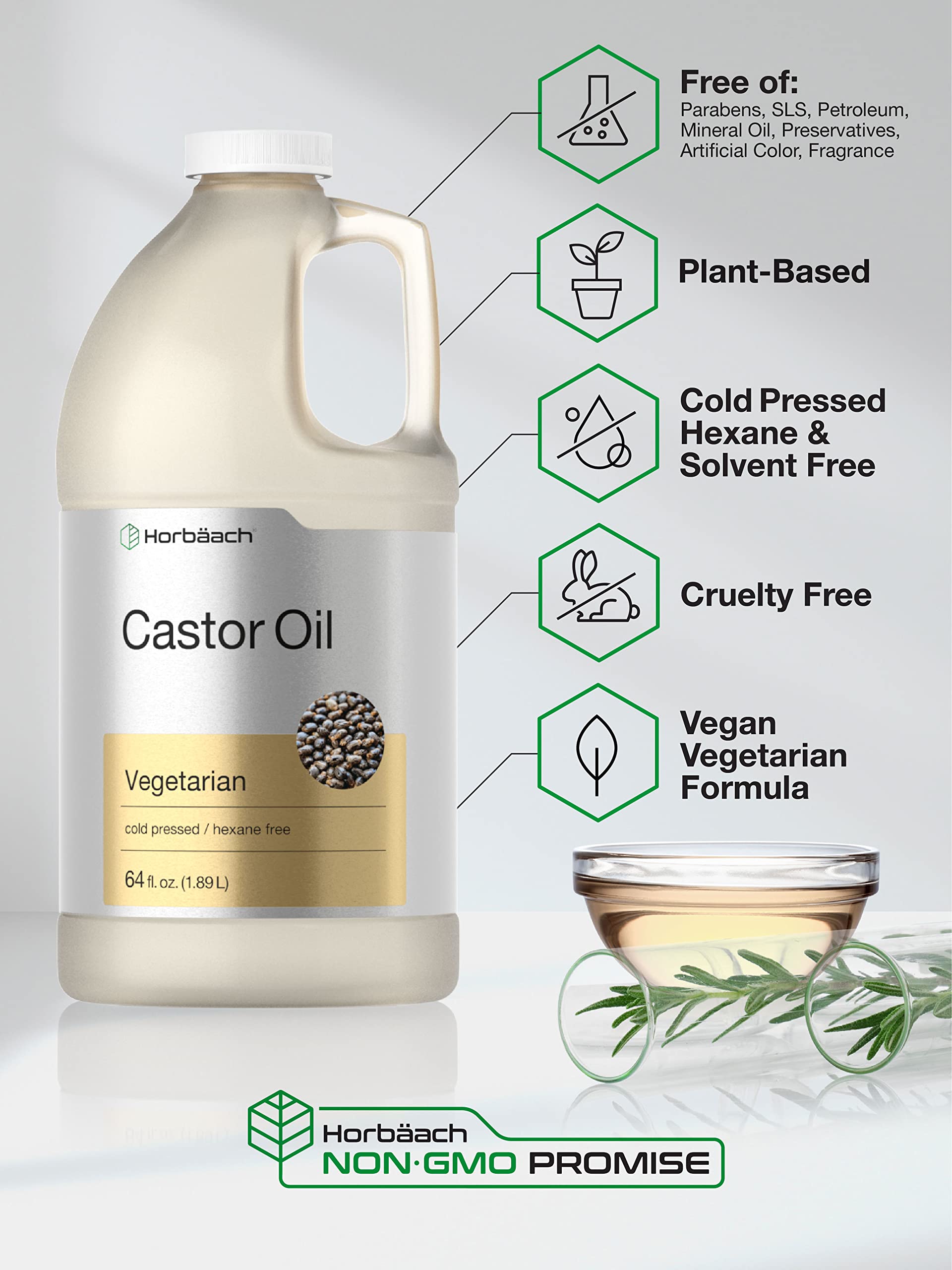 Castor Oil 64oz | for Hair Health, Eyelashes & Eyebrows | Hexane Free & Cold Pressed Horbäach