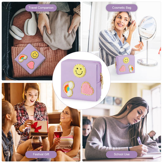 Preppy Patch Period Bag for Teen Aged Girls, Sanitary Napkin Storage Bag, Functional PU Leather Sanitary