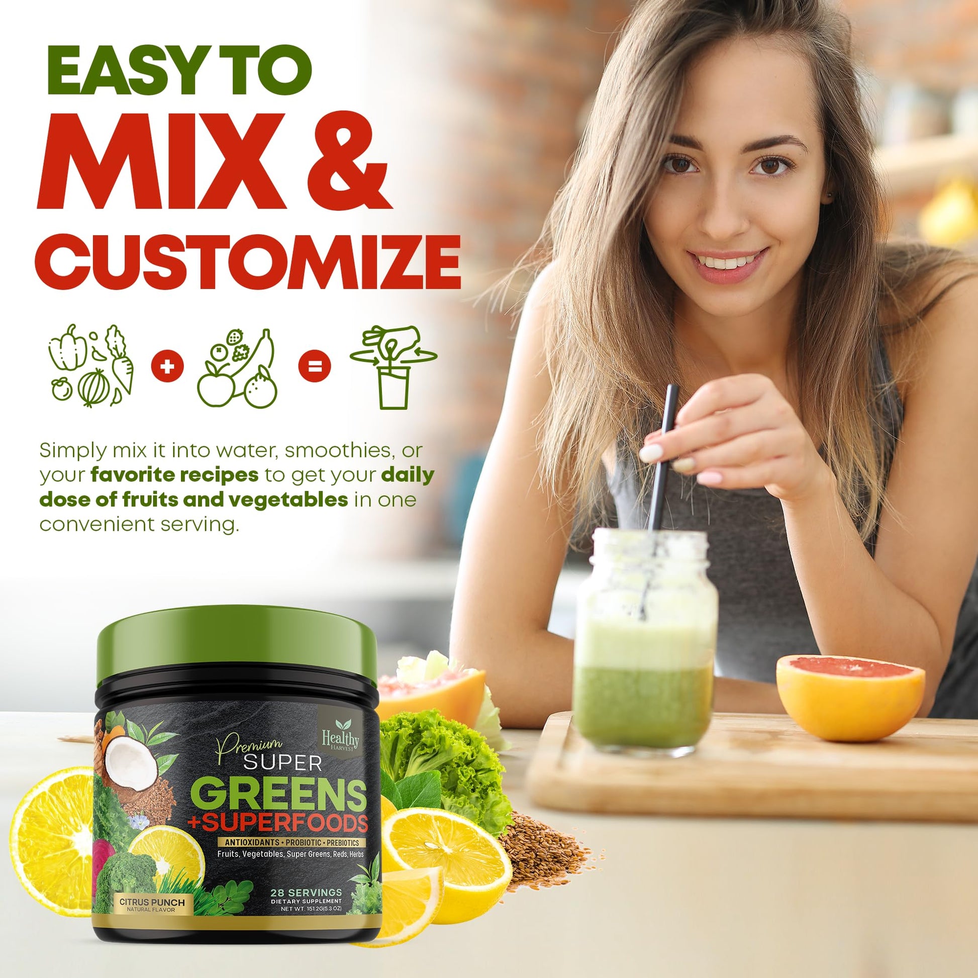 Greens Powder Superfood Supplement - Super Green Reds Smoothie Mix Blend with Spirulina Healthy Harvest Nutrition