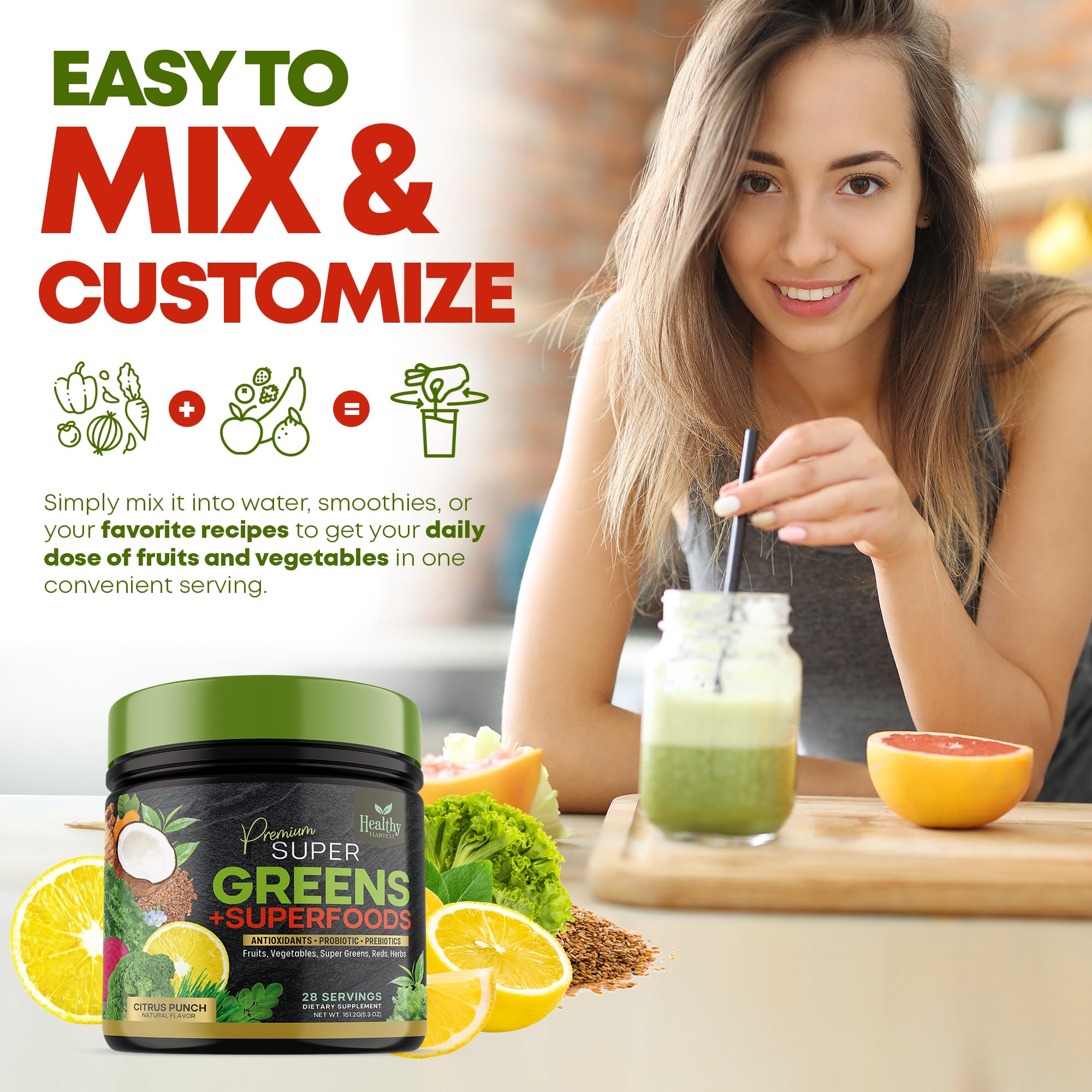 Greens Powder Superfood Supplement - Super Green Reds Smoothie Mix Blend with Spirulina Healthy Harvest Nutrition