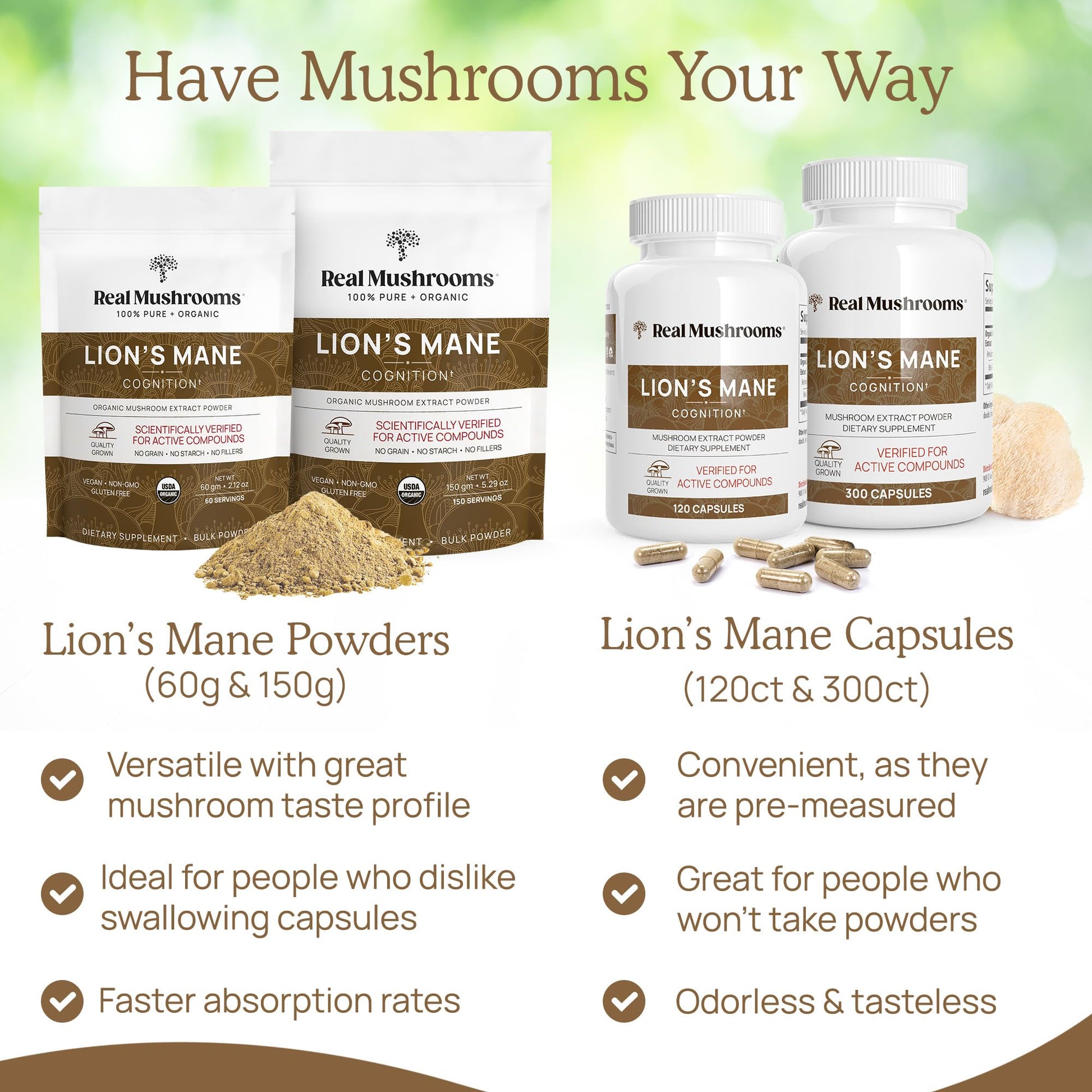 Real Mushrooms Lion’s Mane Powder - Organic Lions Mane Mushroom Extract Real Mushrooms