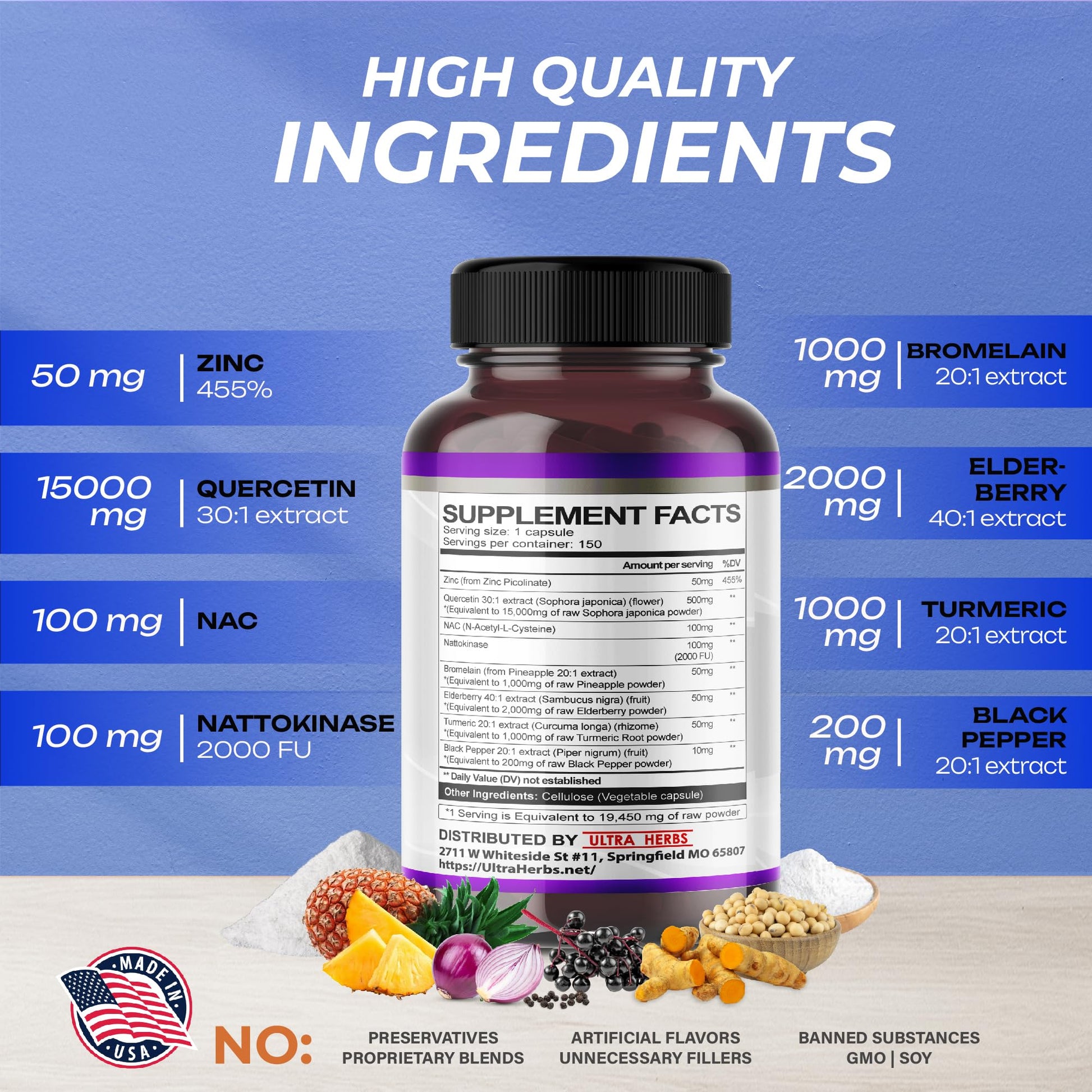 Quercetin 19,450mg 8 IN 1 with NAC, Nattokinase, Zinc, Bromelain, Elderberry, Turmeric ULTRA HERBS