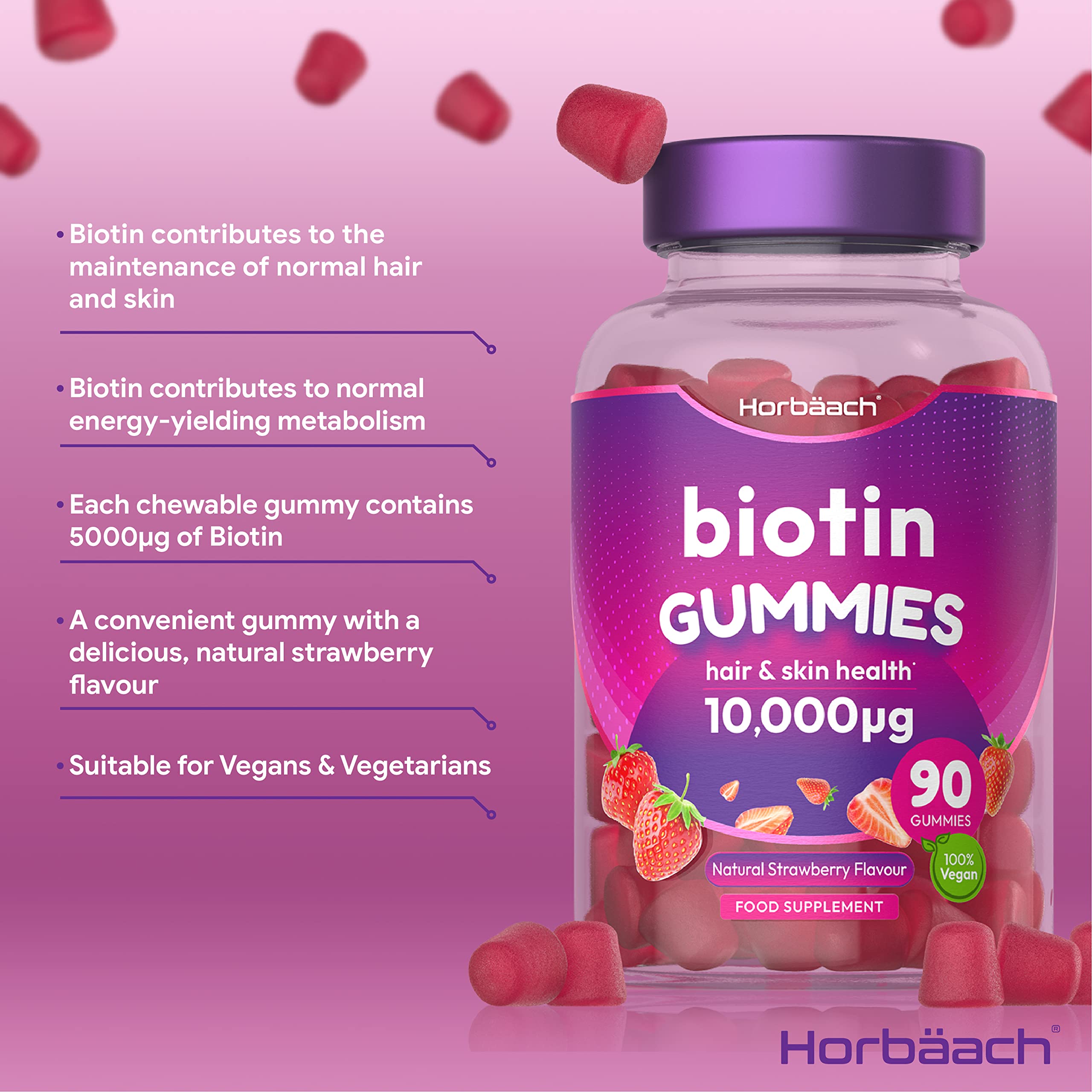 Biotin Gummies 10,000mcg | 90 Vegan Vitamins | Natural Strawberry Flavour Horbäach