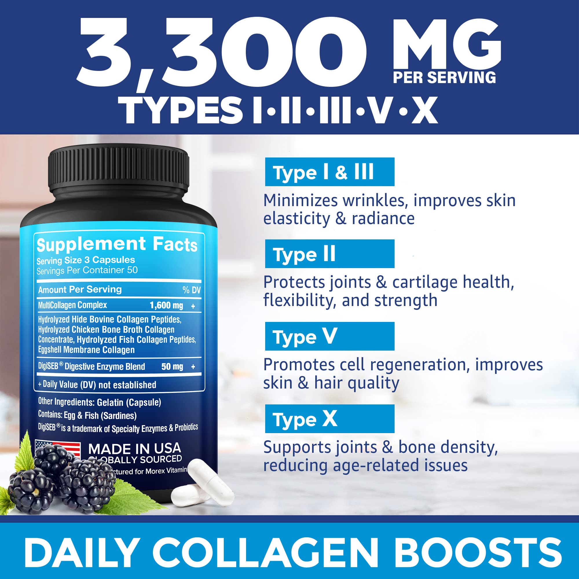 Multi Collagen Pills (Types I, II, III, V & X) - Marine Collagen & Bone Broth Capsules MOREX VITAMINS