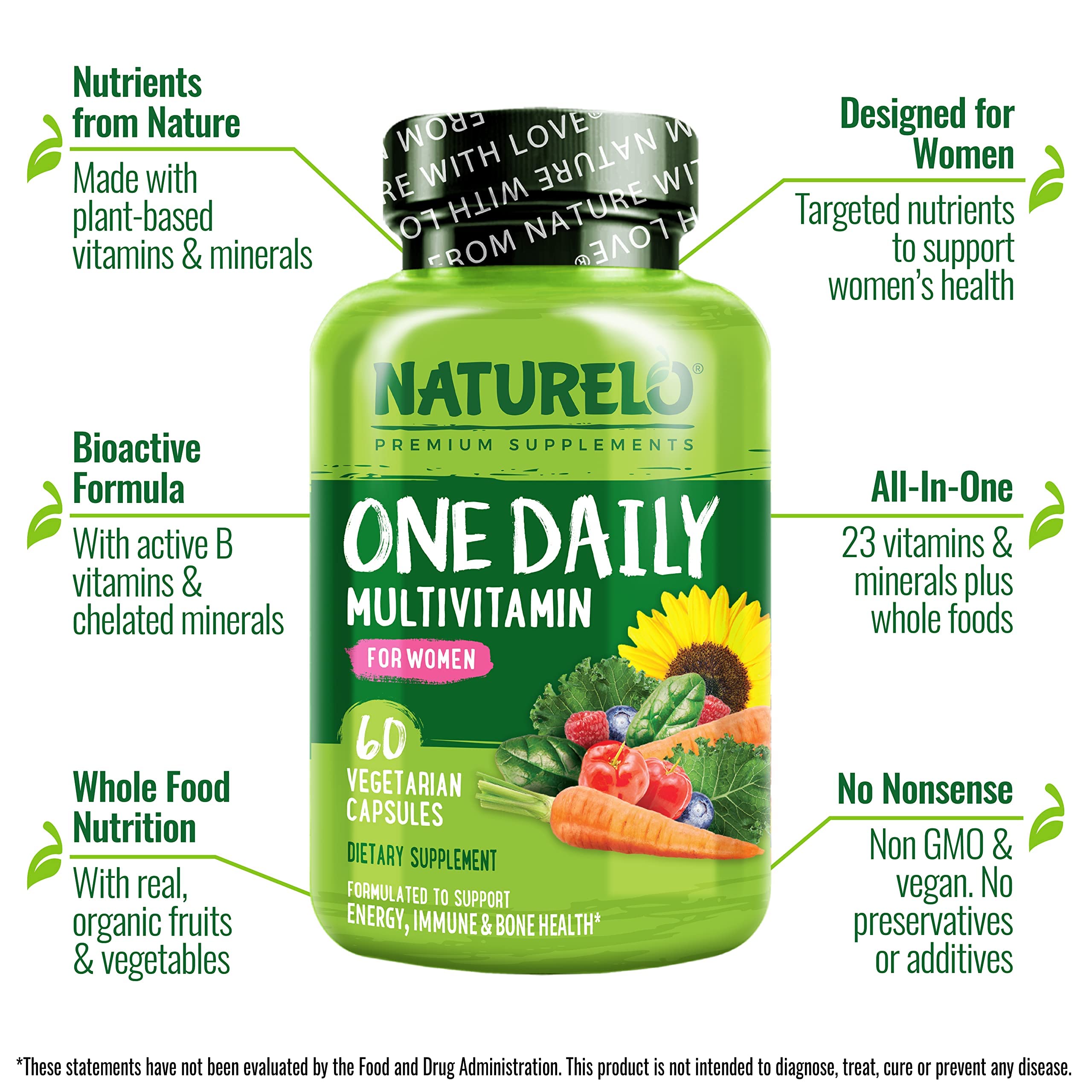 NATURELO One Daily Multivitamin for Women - Energy Support - Whole Food Supplement NATURELO