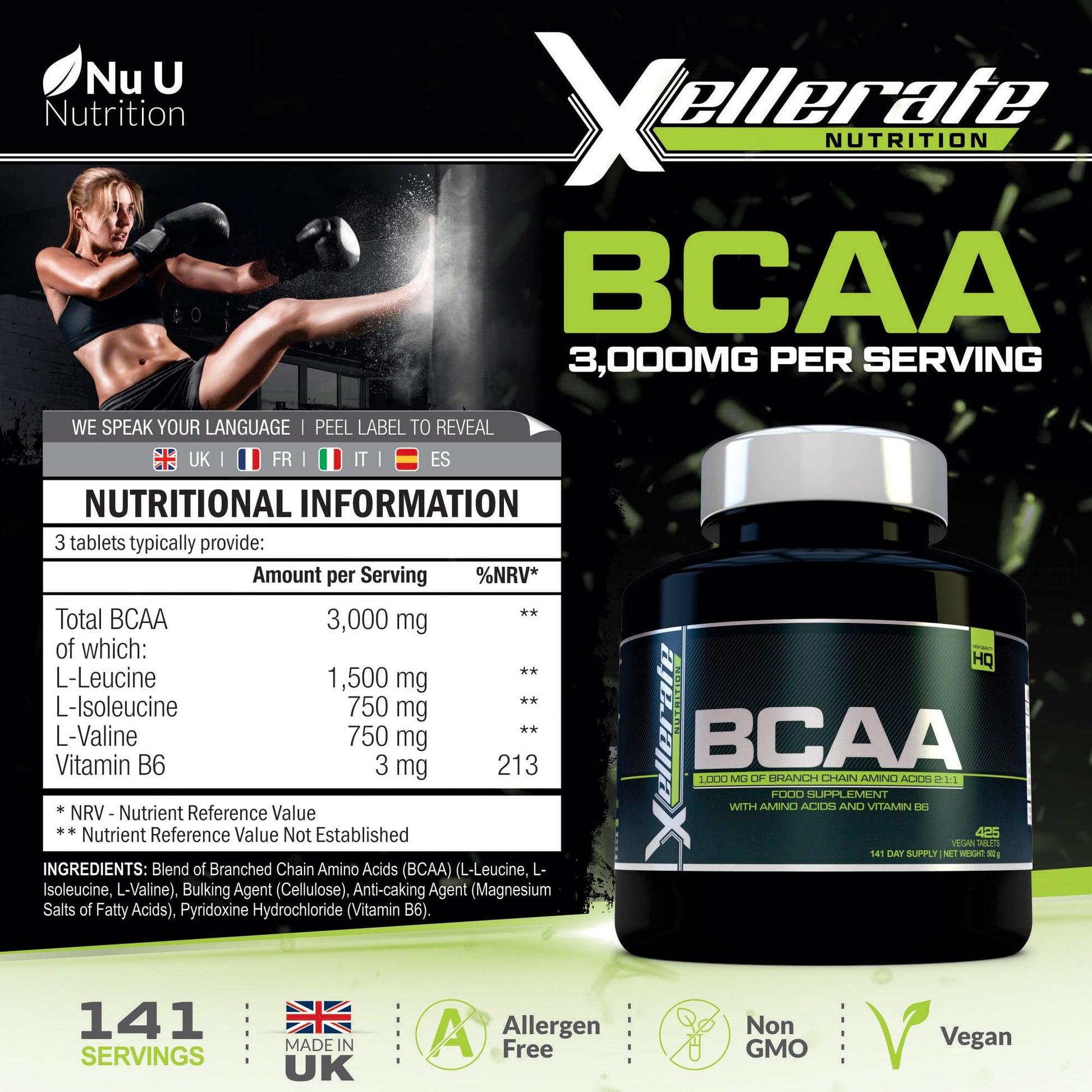 BCAA 1000mg - 425 Vegan Tablets - 3000mg Daily Serving - 141 Day Supply - 2:1:1 BCAAs Xellerate NUTRITION