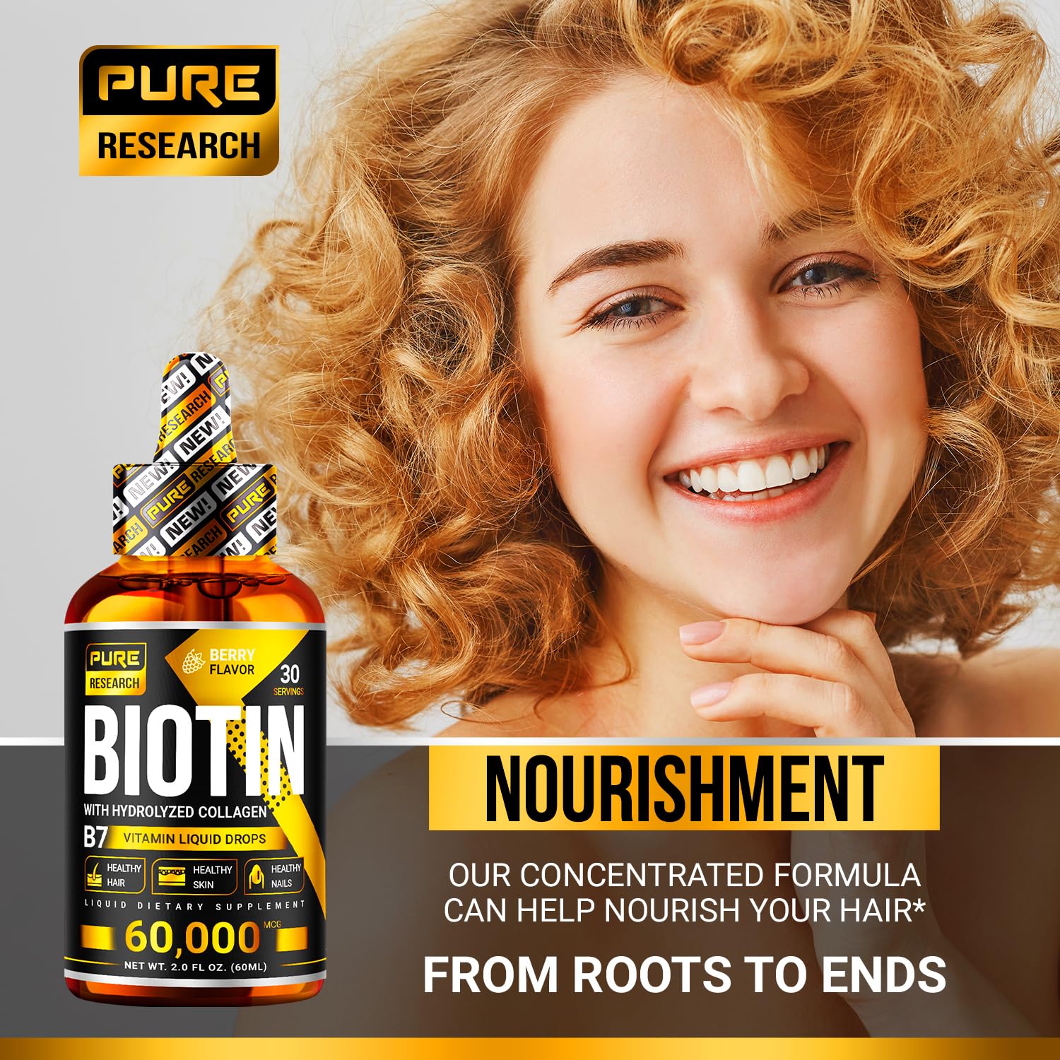 PURE RESEARCH Liquid Biotin & Collagen Hair Growth Drops 60,000mcg – Biotin and Liquid PURE RESEARCH