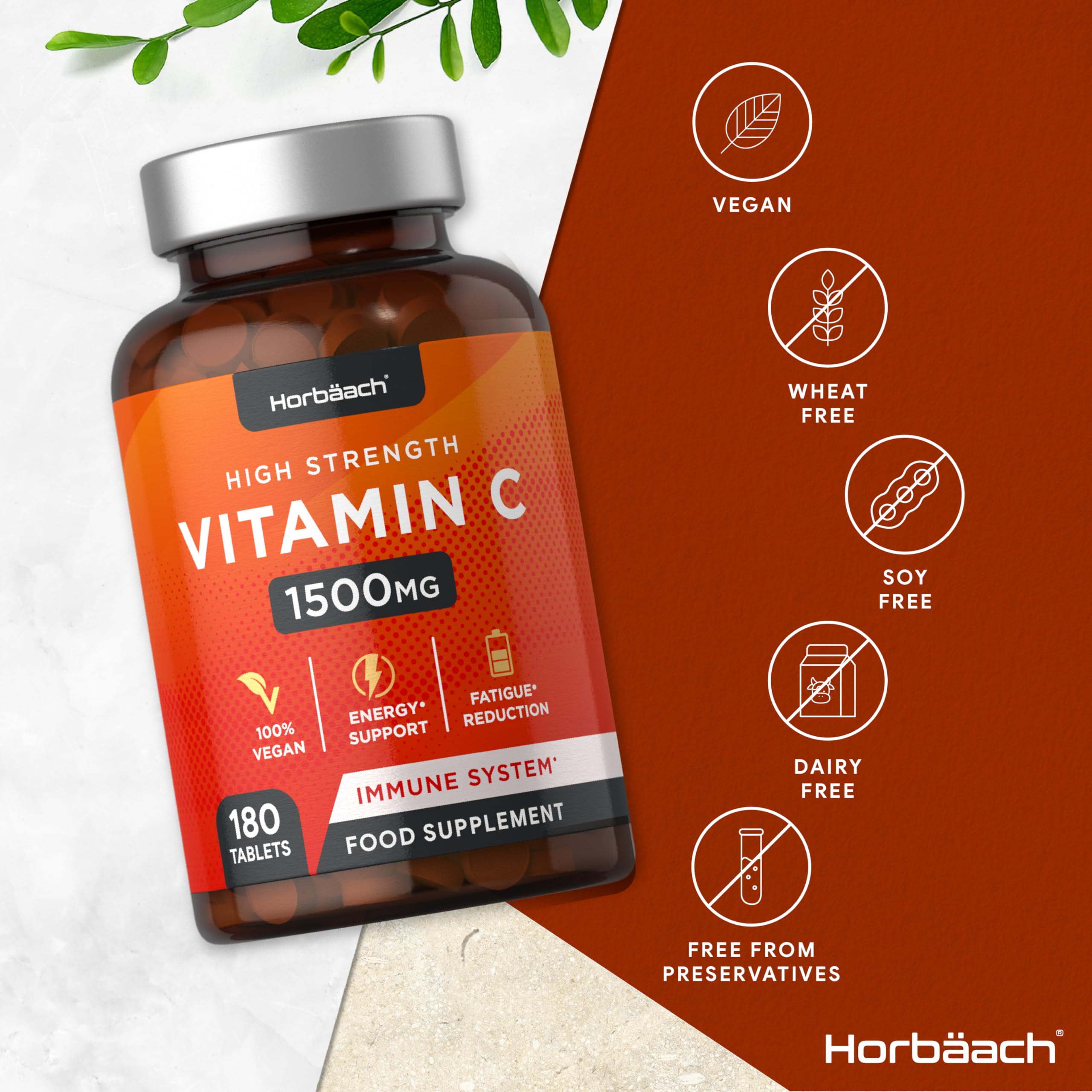 Vitamin C Tablets 1500mg | 180 Count | High Strength Vegan Supplement | No Artificial Horbäach