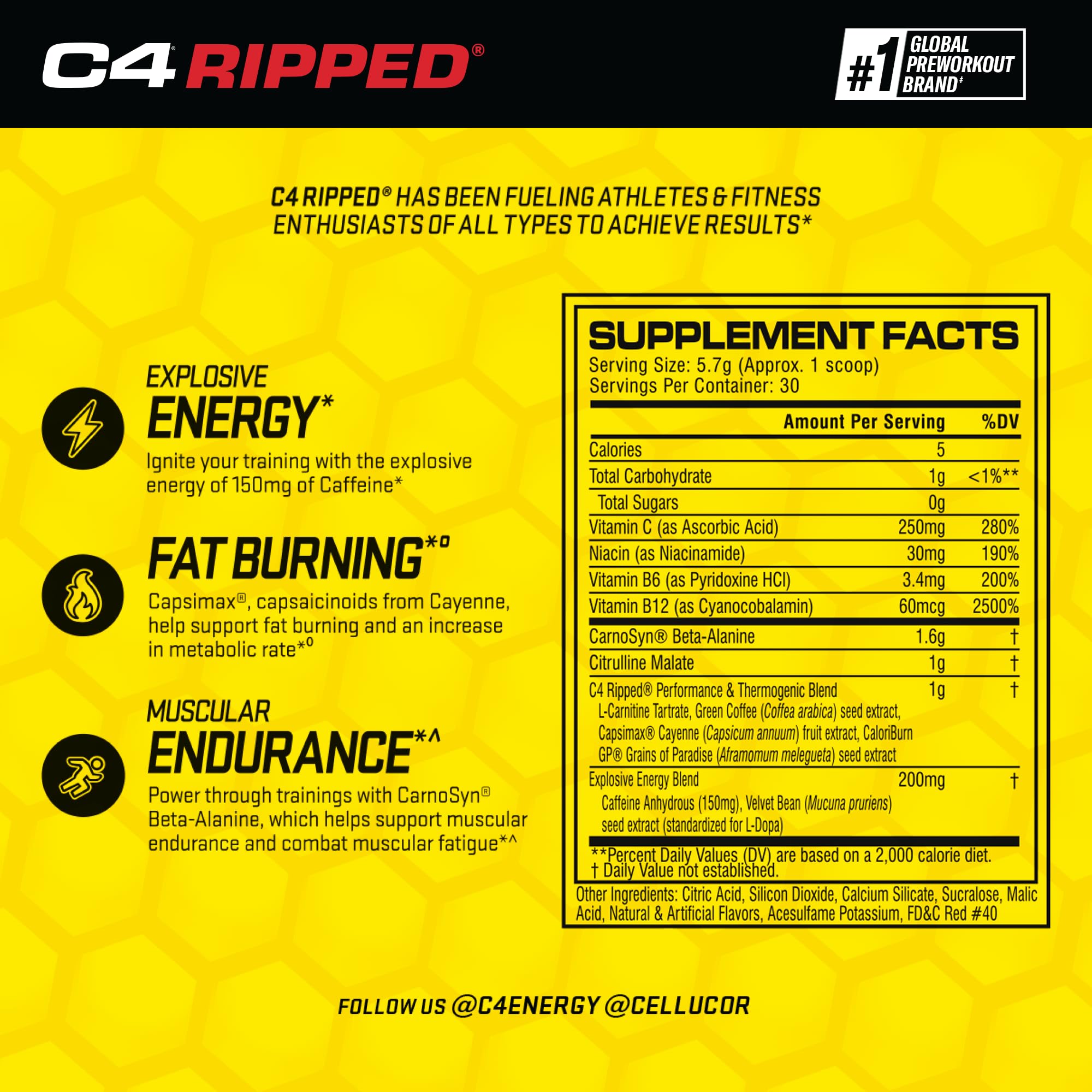 Cellucor C4 Ripped Pre Workout Powder Cherry Limeade | Creatine Free + Sugar Free Cellucor