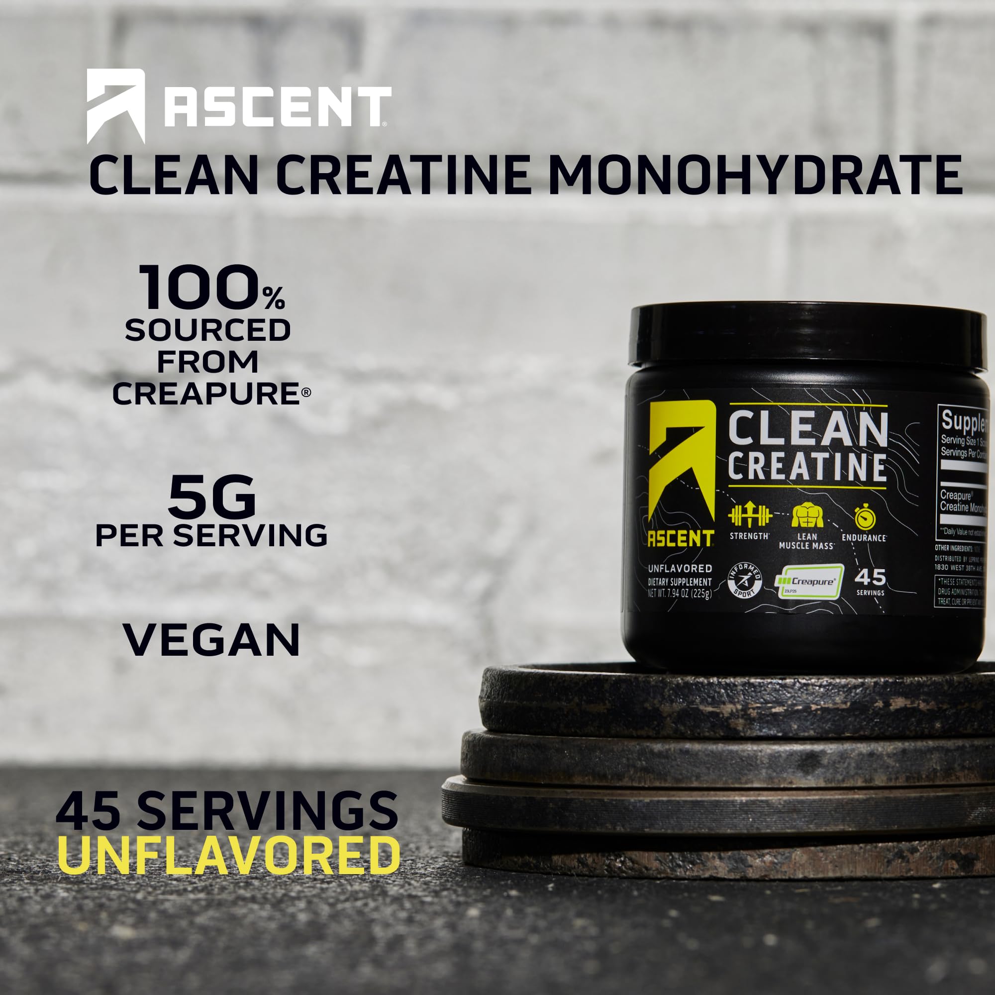 Ascent Clean Creatine Monohydrate Powder - 5G Per Serving, Creapure Creatine Supple Ascent
