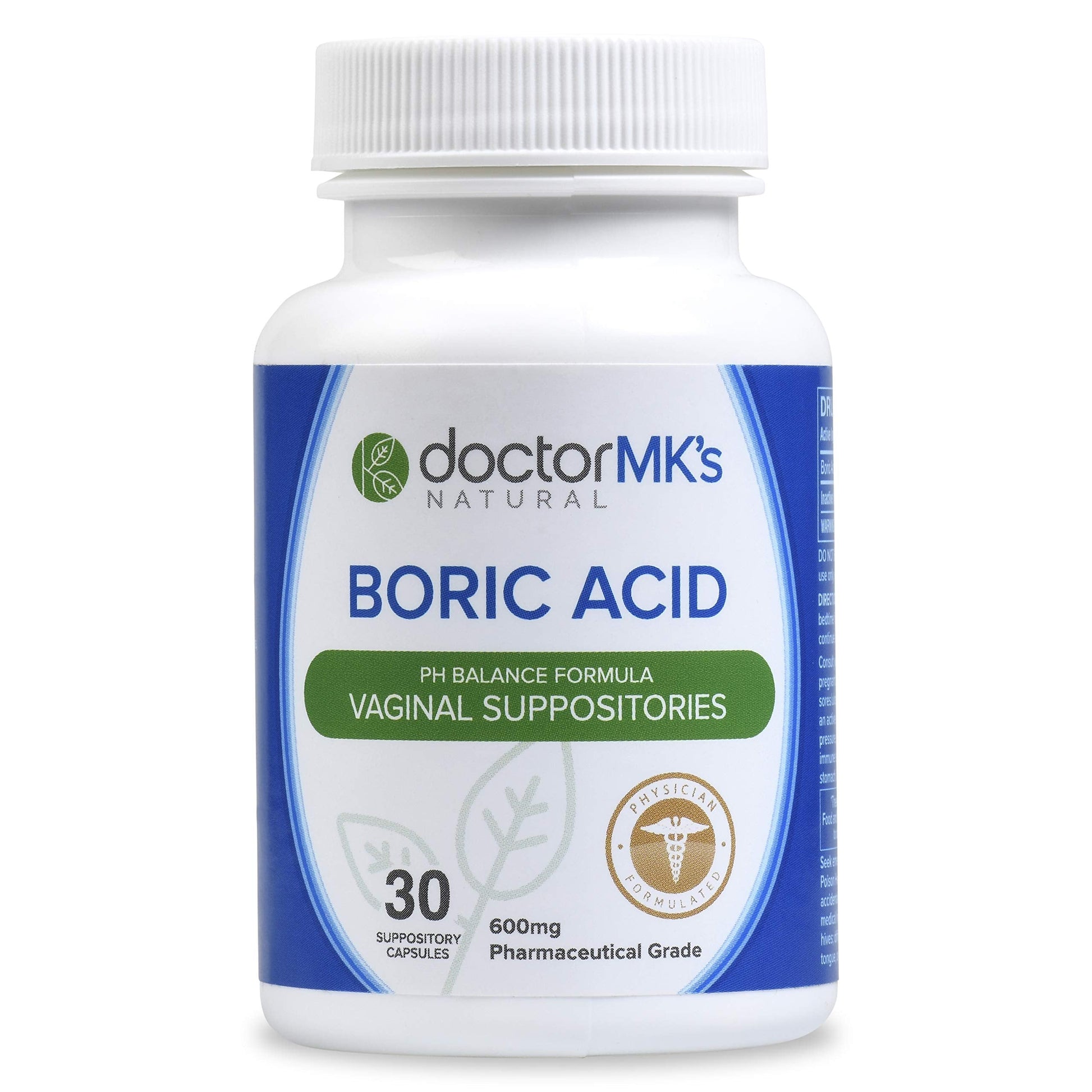 doctor MK's NATURAL Boric Acid Suppositories (600mg) for Healthy Feminine pH Support