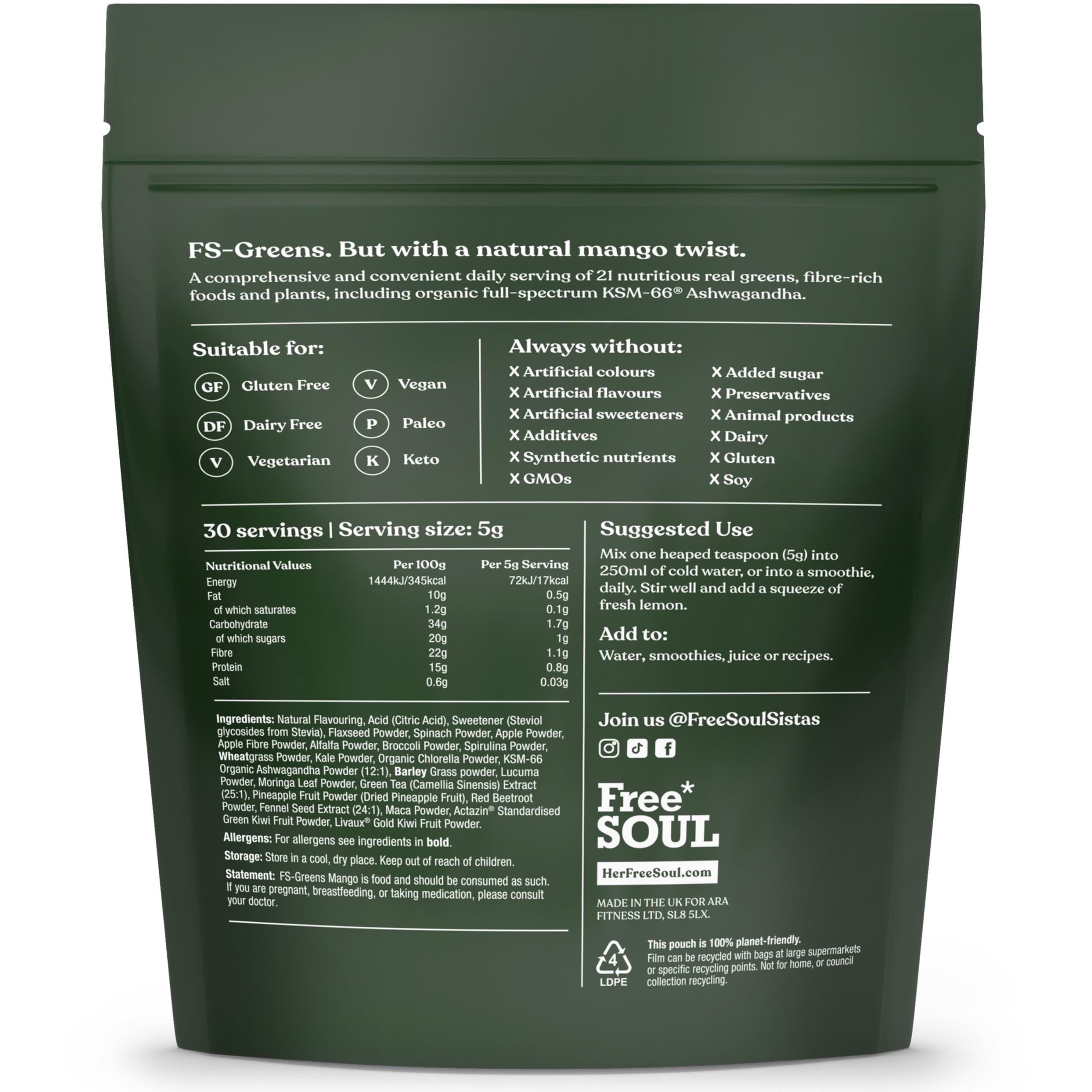 FS-Greens | 21 Advanced Greens, Superfoods, and Adaptogens Including KSM-66 Free Soul