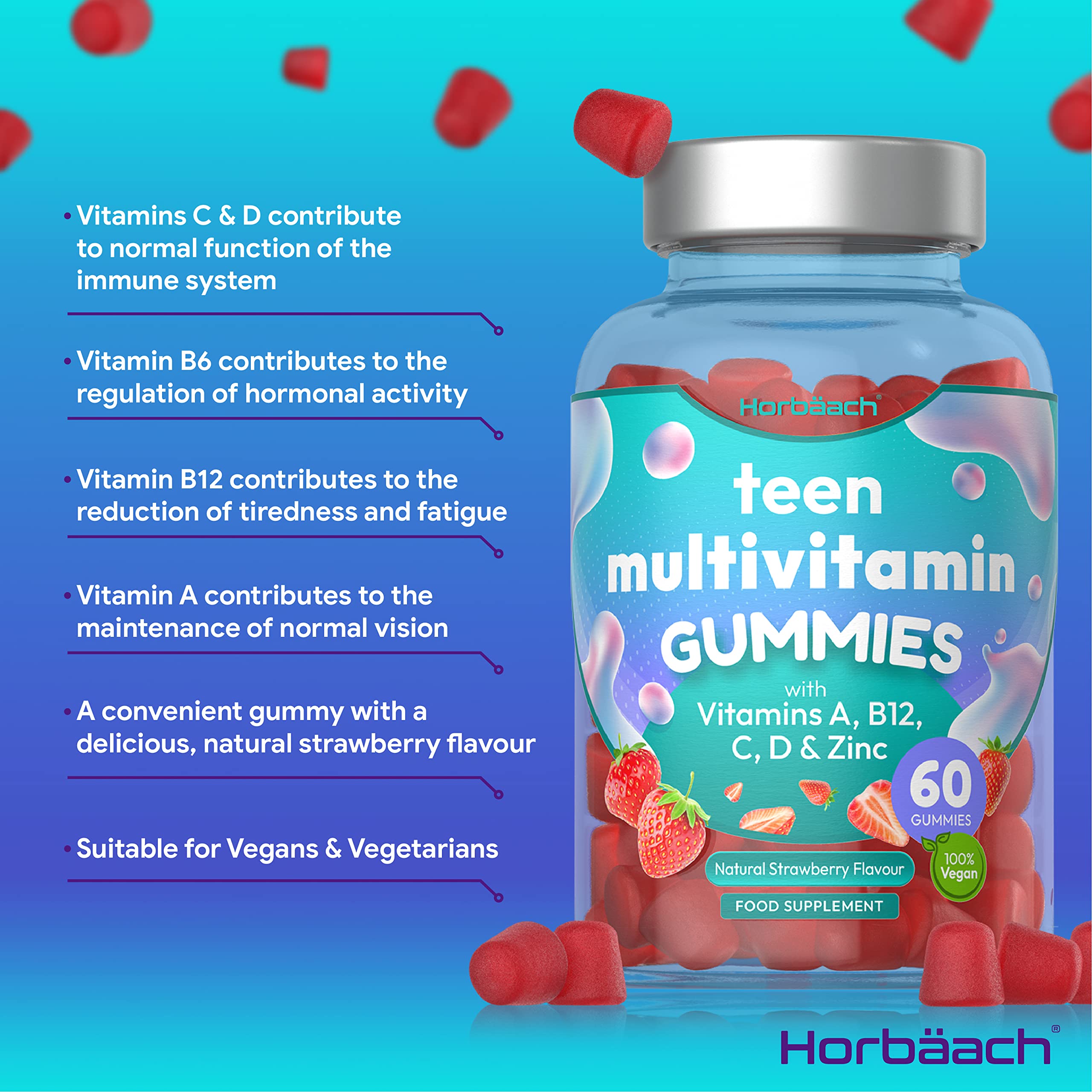 Multivitamins for Teens | 60 Vegan Gummies | 14 Essential Nutrients | with Vitamin A, B12 Horbäach
