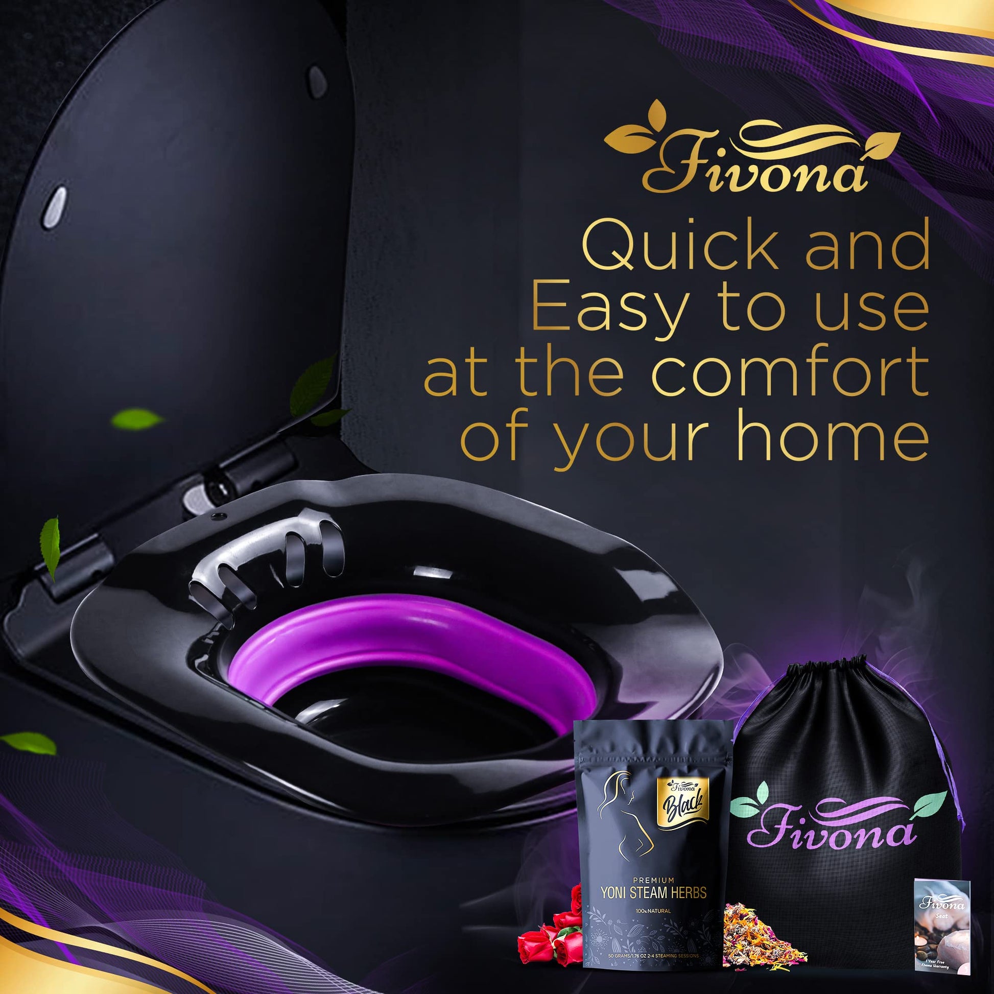 Fivona 3-in-1 Yoni Steam Kit Black - Foldable Over The Toilet Steamer Seat with Herbal Blend and Storage FIVONA