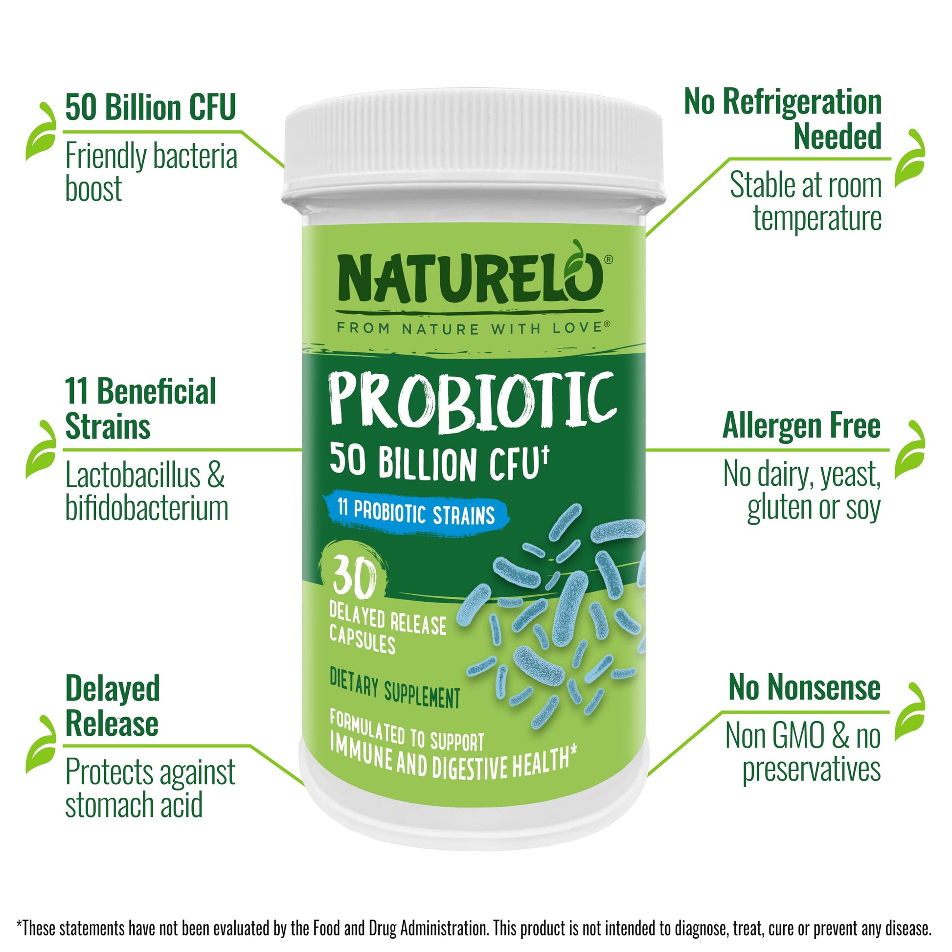 NATURELO Probiotic Supplement - 50 Billion CFU - 11 Strains - One Daily - Helps Support NATURELO