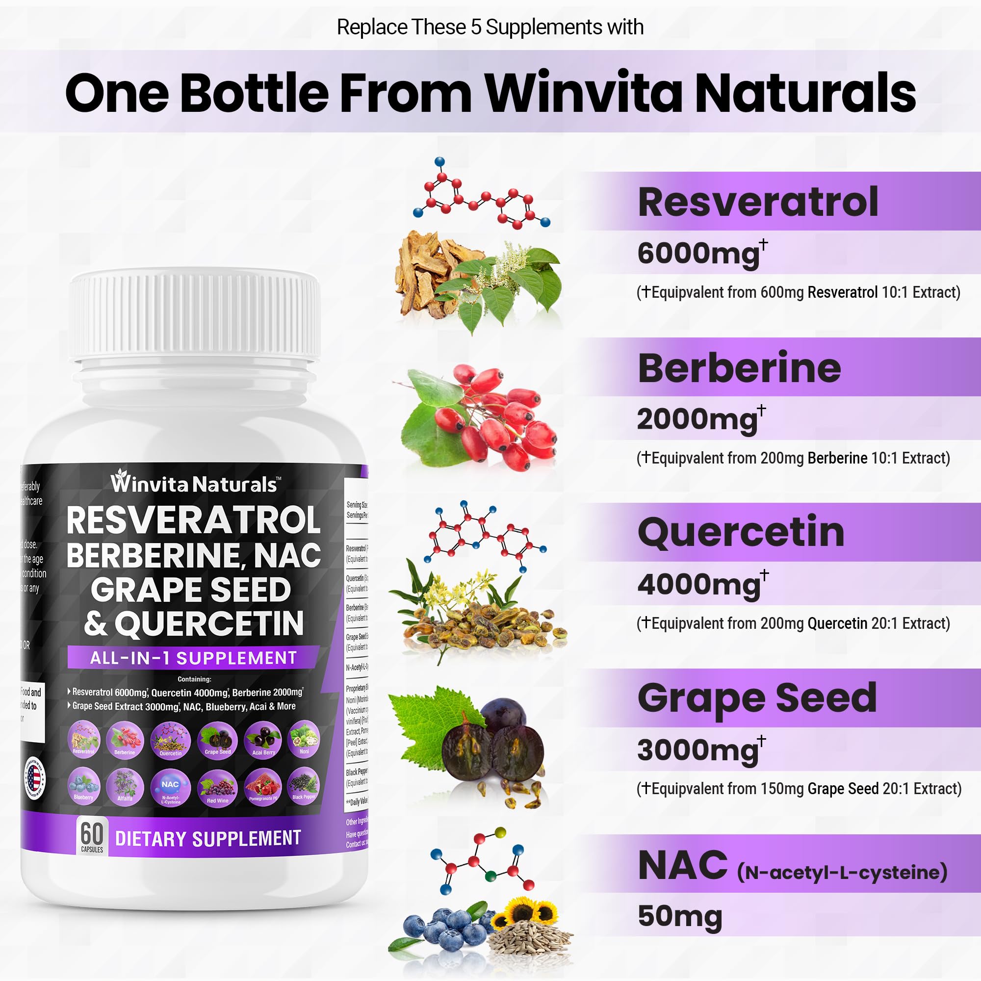 Resveratrol 6000mg Quercetin 4000mg Berberine 2000mg Grape Seed Extract 3000mg Winvita Naturals