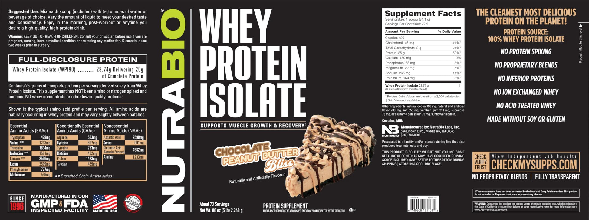 NutraBio Whey Protein Isolate Supplement – 25g of Protein Per Scoop with Complete NutraBio