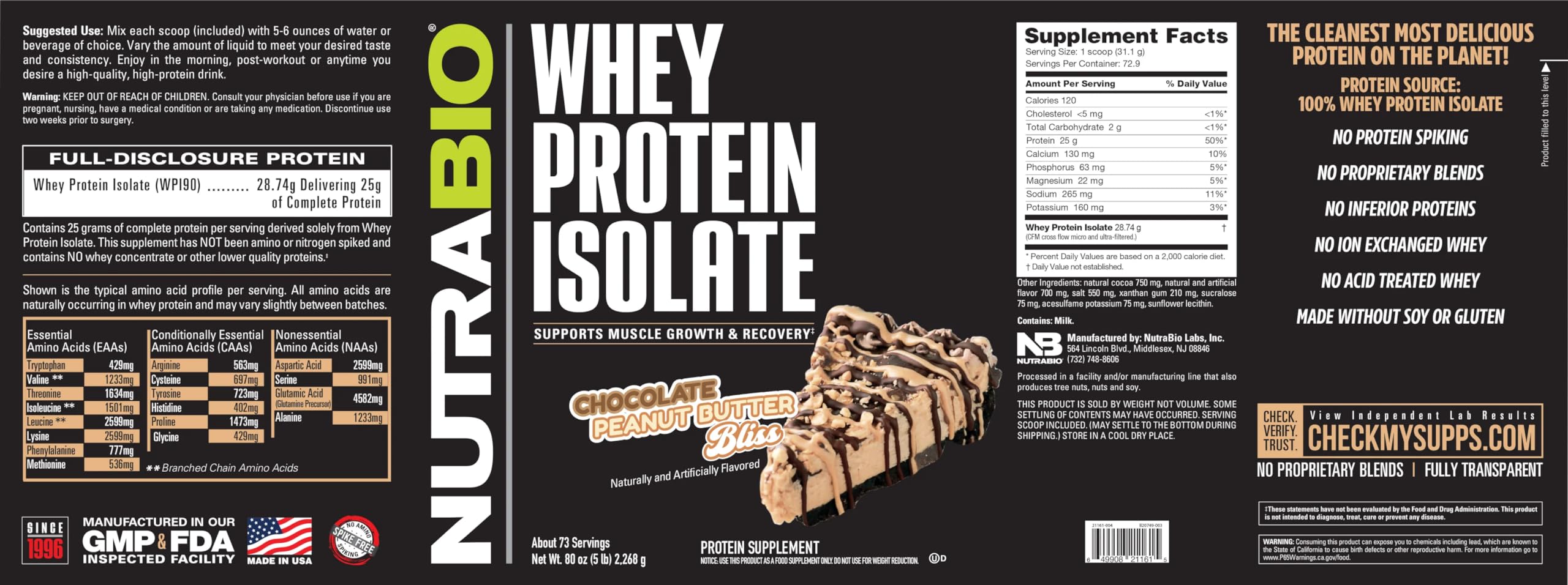 NutraBio Whey Protein Isolate Supplement – 25g of Protein Per Scoop with Complete NutraBio