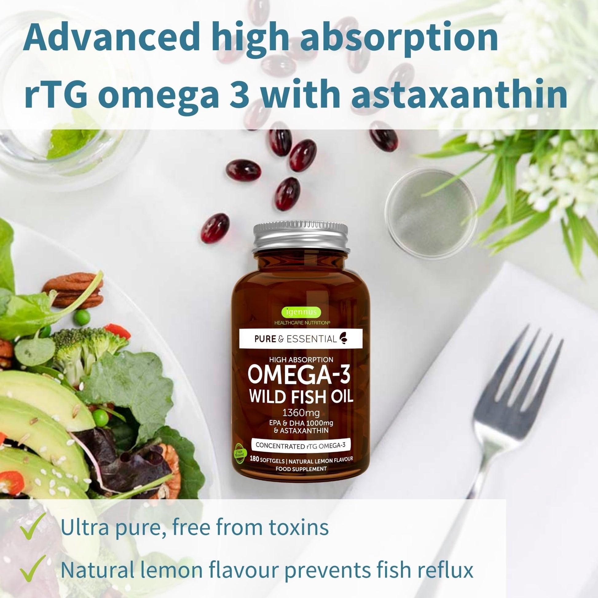 Omega-3 Wild Fish Oil & Astaxanthin, The Most Advanced High Absorption rTG Omega-3 Igennus Healthcare Nutrition