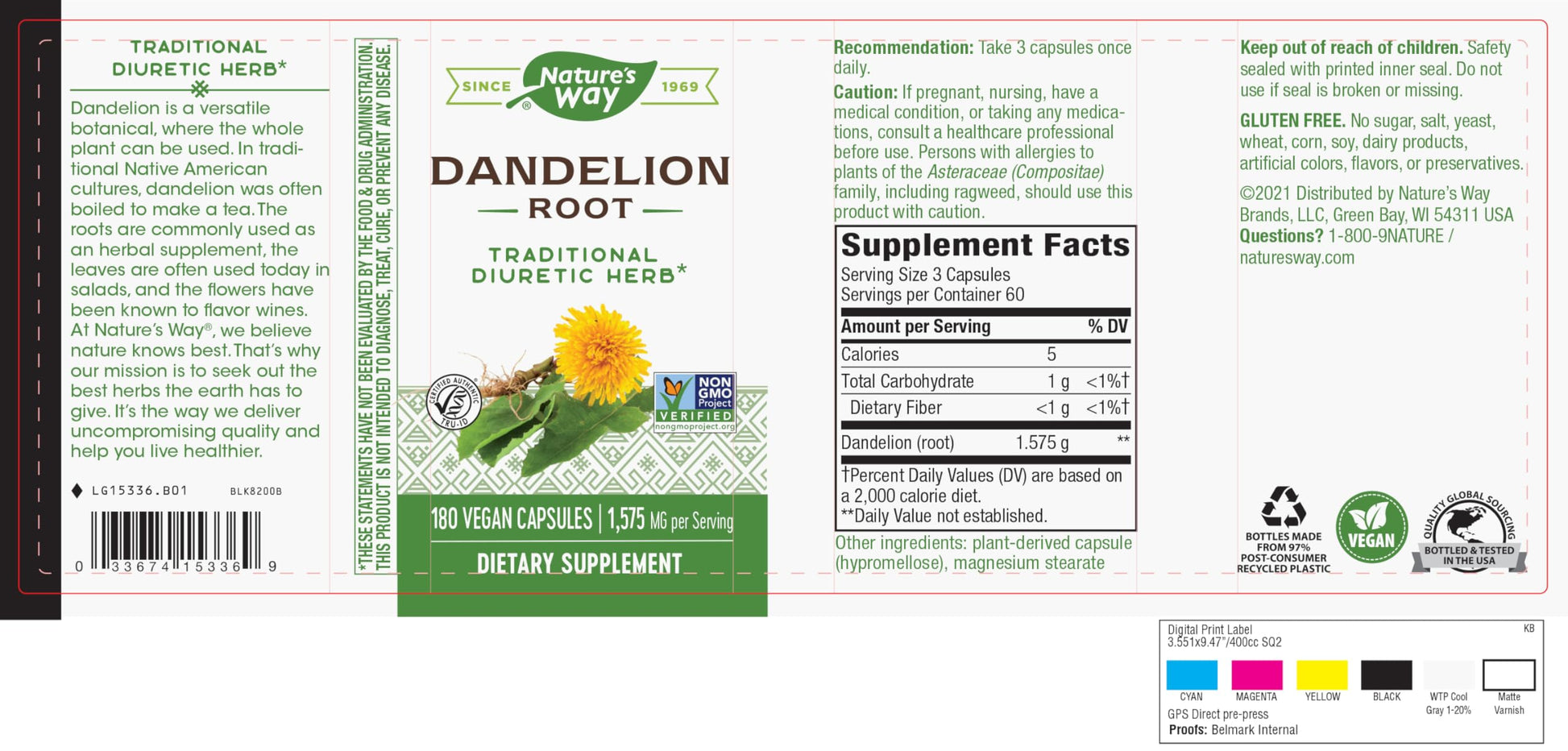 Nature's Way Dandelion Root Diuretic Herb* 525 mg per Capsule Non-GMO Nature's Way