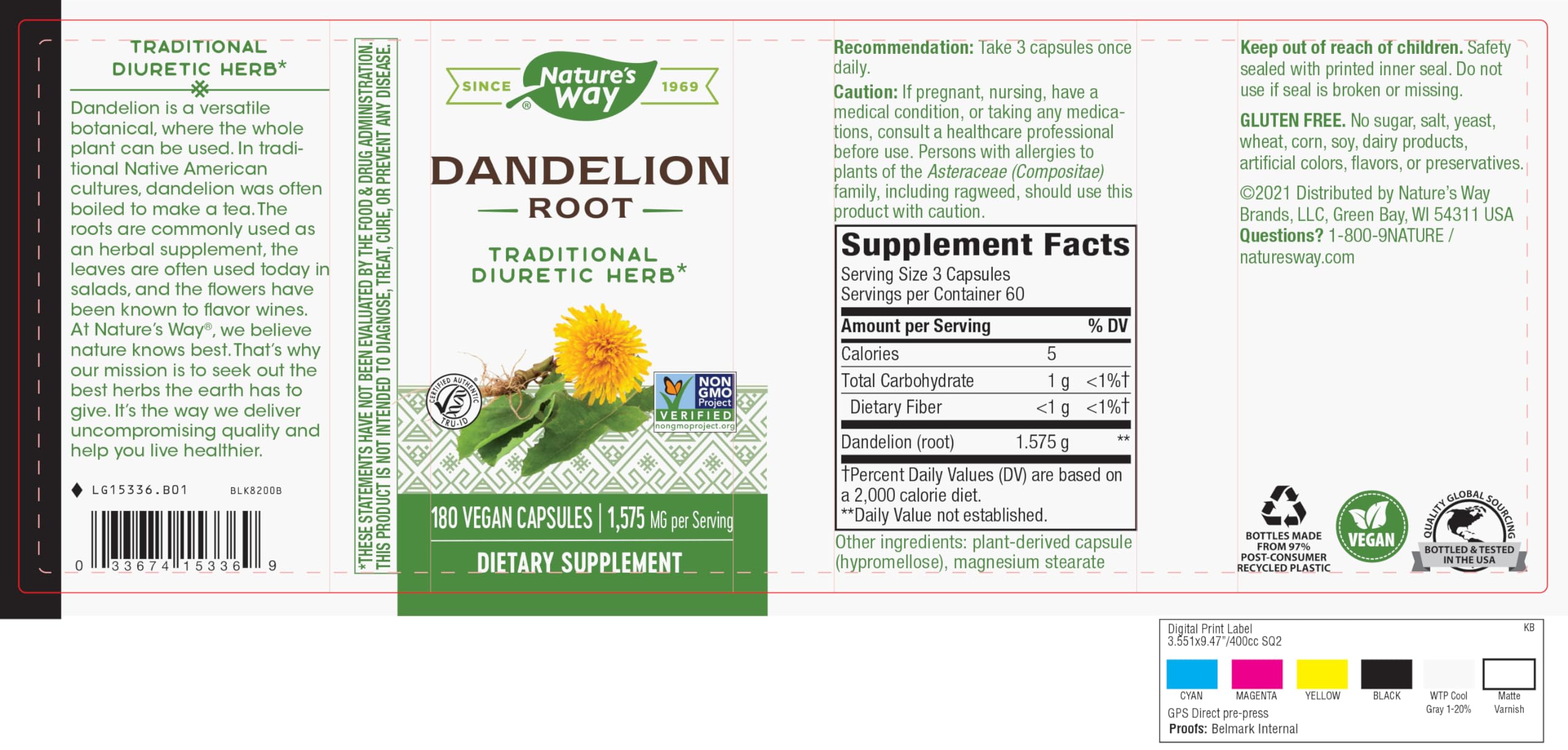 Nature's Way Dandelion Root Diuretic Herb* 525 mg per Capsule Non-GMO Nature's Way