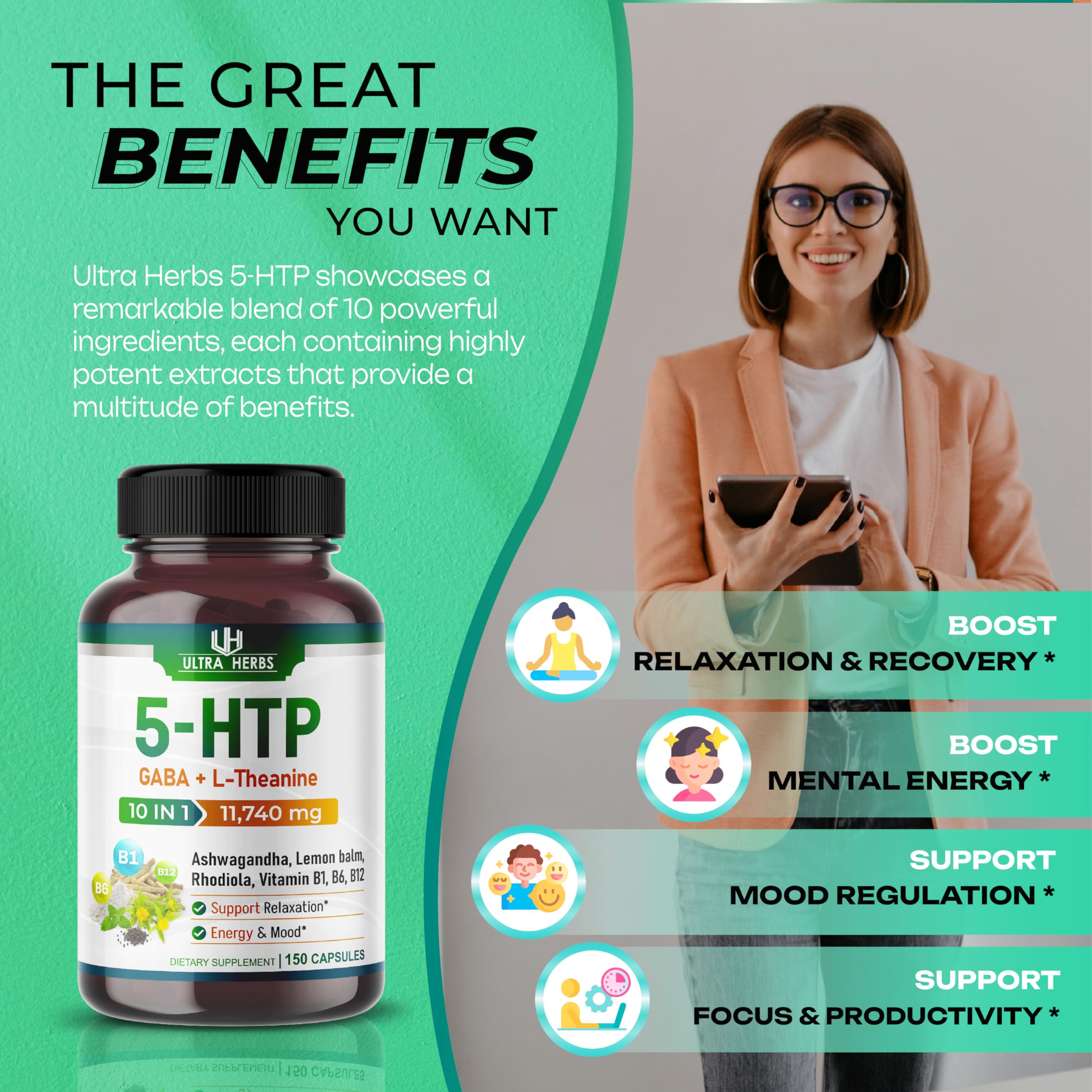 5-HTP Supplement 11,740mg 10 in 1 with GABA, L-Theanine, Ashwagandha, Rhodiola