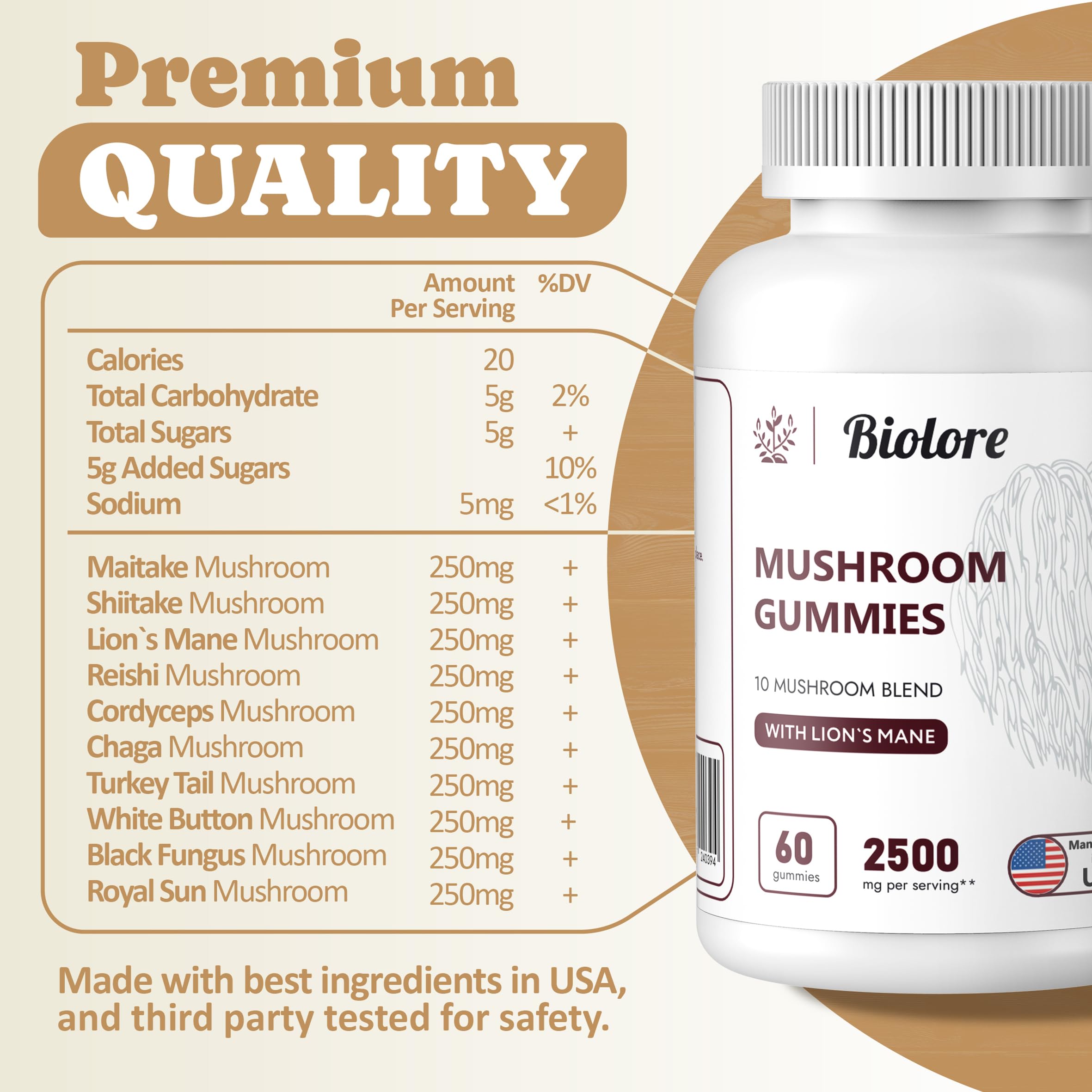 Biolore Mushroom Complex Gummies: 10 Powerful Mushrooms with Chaga, Lions Mane Biolore