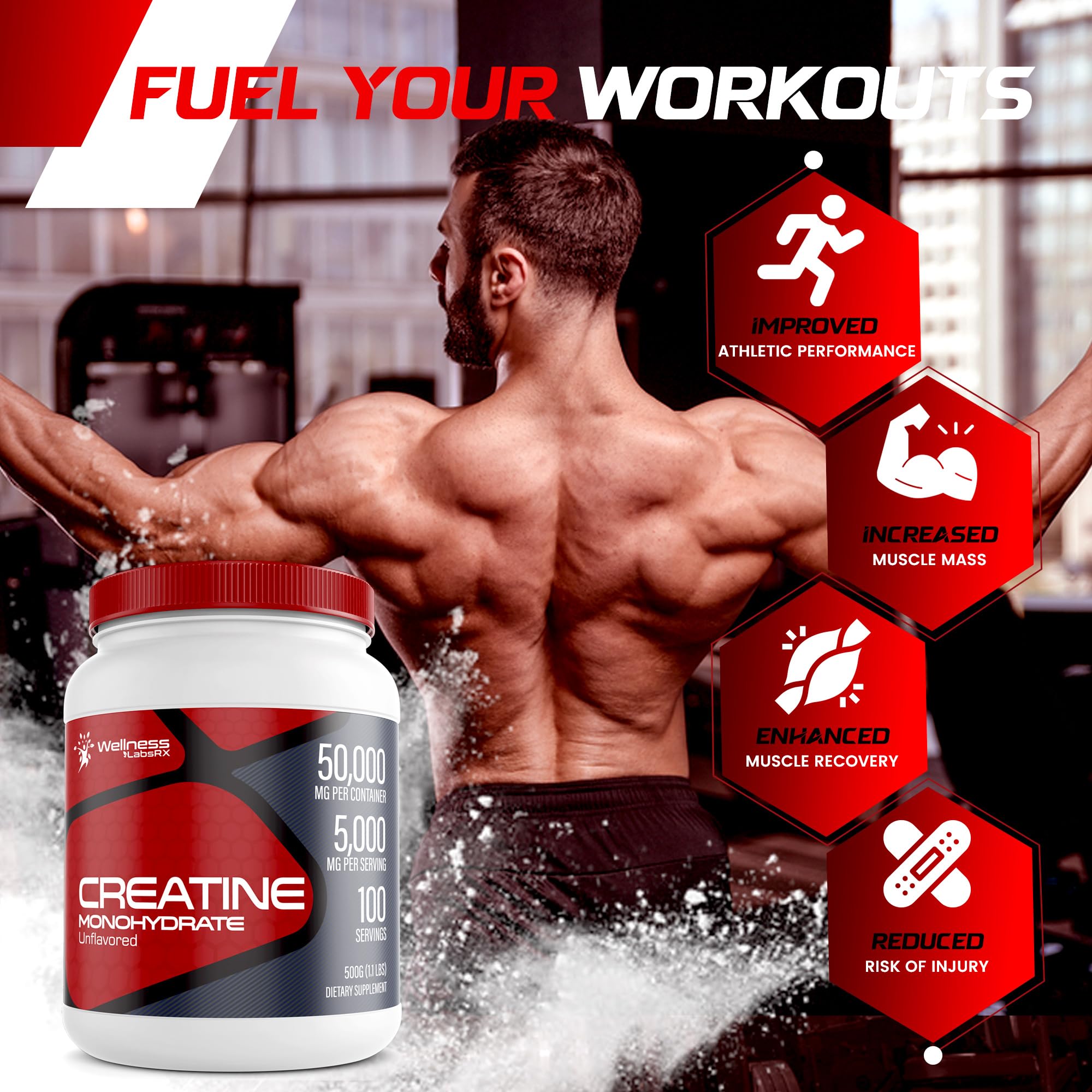 Creatine Monohydrate Powder - 5000mg Micronized for Muscle Growth, Enhanced WELLNESS LABSRX