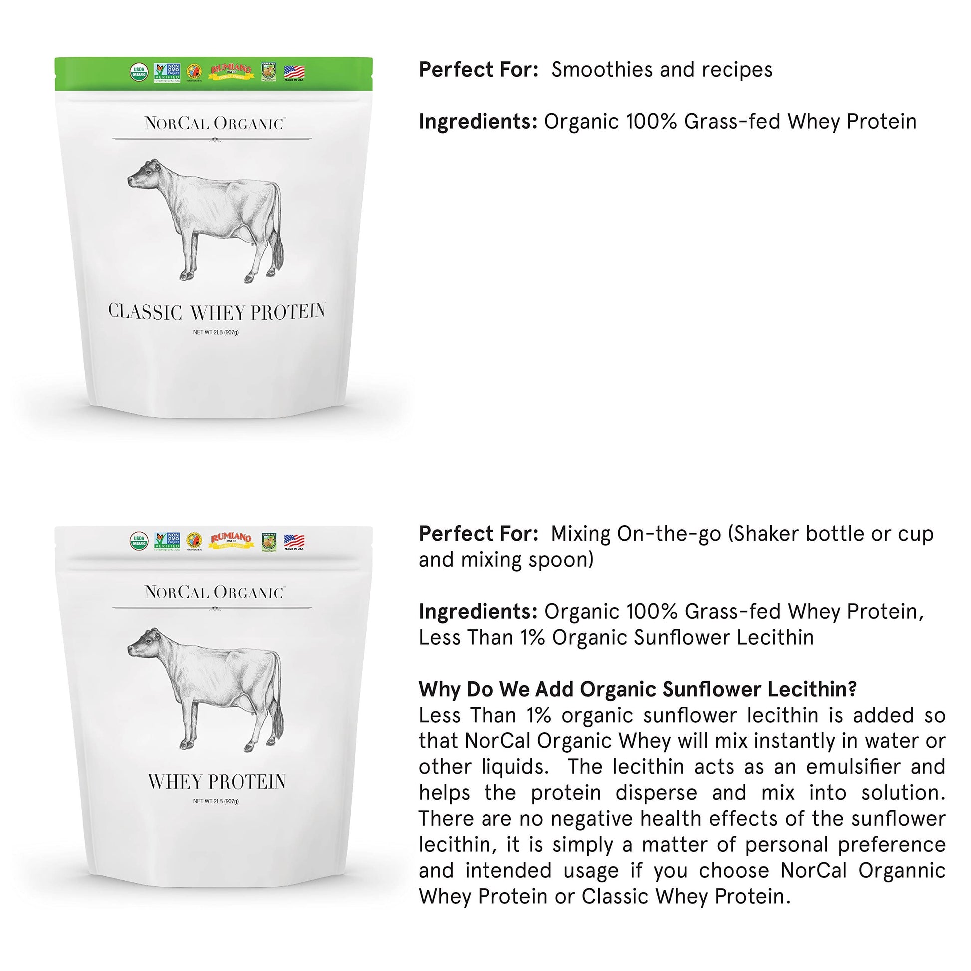 NorCal Organic Classic Whey Protein - 2lbs Bulk | 100% Grass-Fed & Finished NorCal Organic