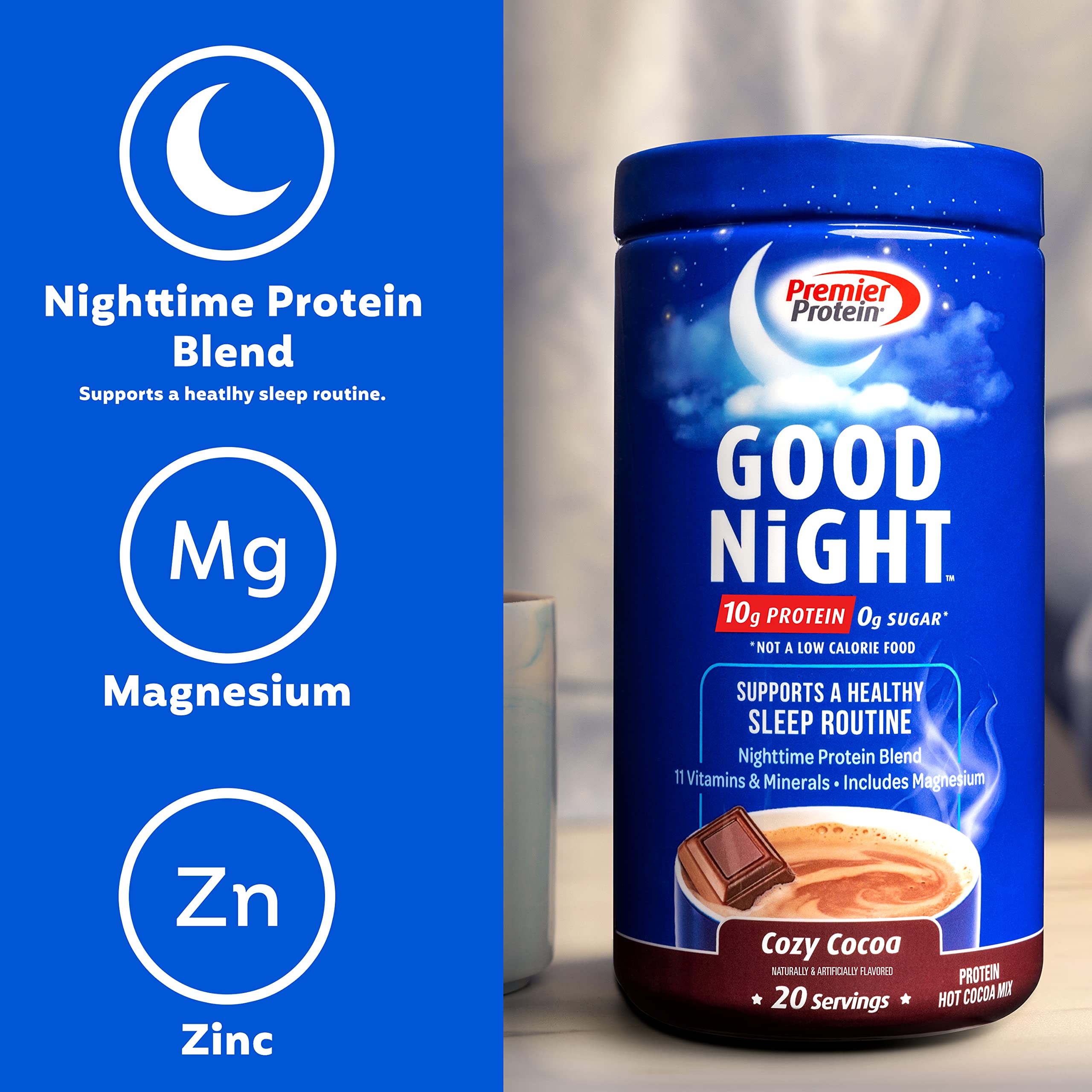 Premier Protein Good Night Protein Powder, Hot Cocoa Mix, 10g Protein, 0g Sugar Premier Protein