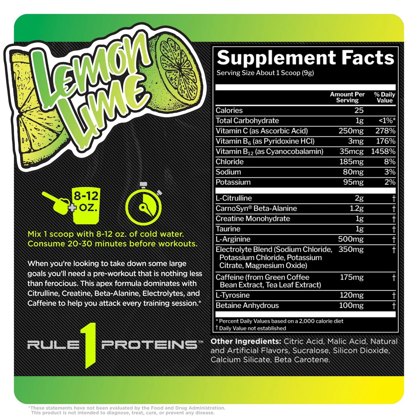 Rule 1 R1 Roar, Lemon Lime - 9.52 oz - Pre-Workout Powder - with Creatine, Beta-Alanine, Citrulline, Electrolytes & Caffeine - 30 Servings