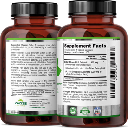 Zazzee Extra Strength Bitter Melon 25:1 Extract, 9000 mg Strength, 10% Bitter Principles