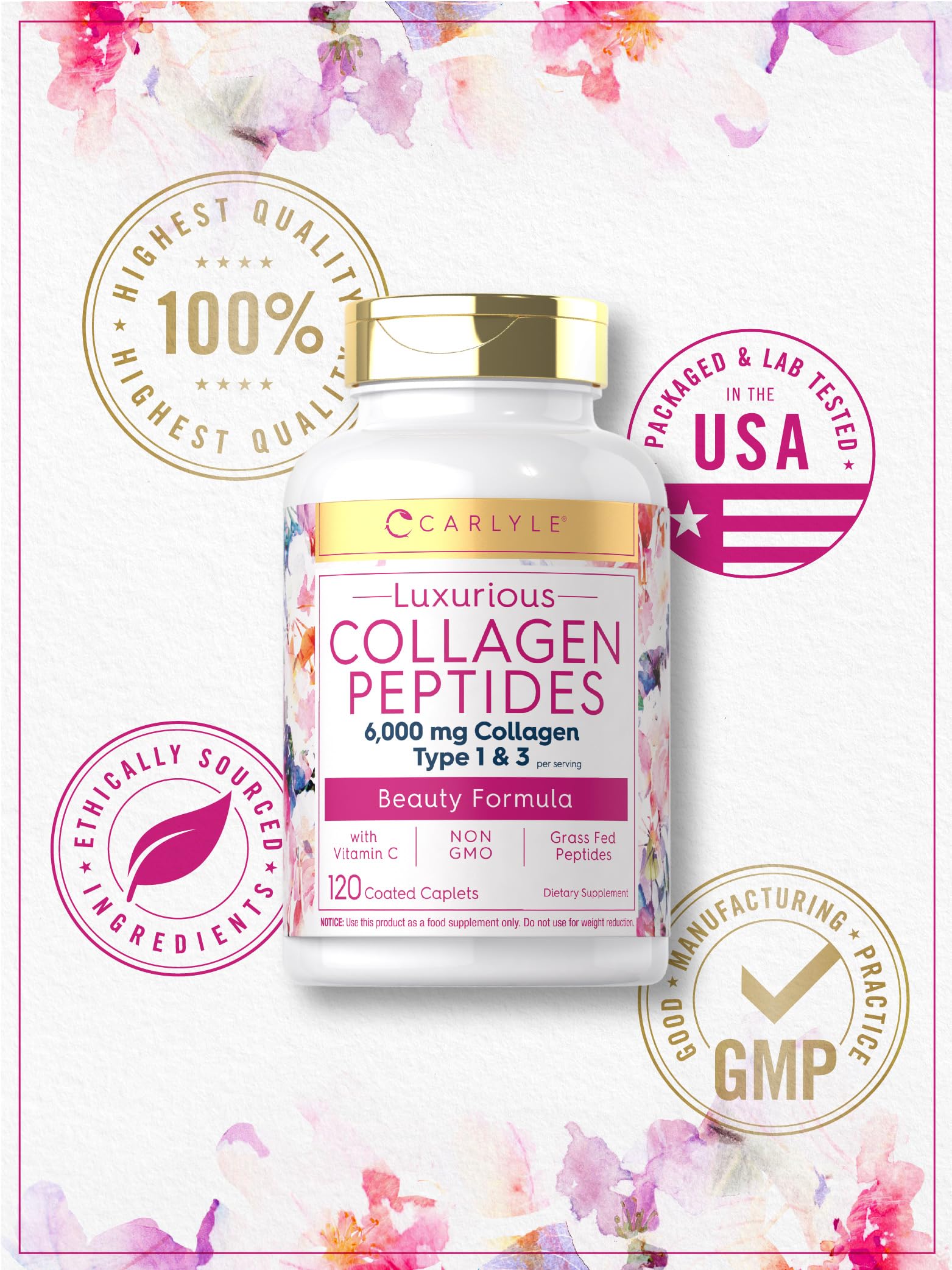Carlyle Collagen with Vitamin C | 6000mg | 120 Caplets | Multi Collagen Peptide Pills Carlyle