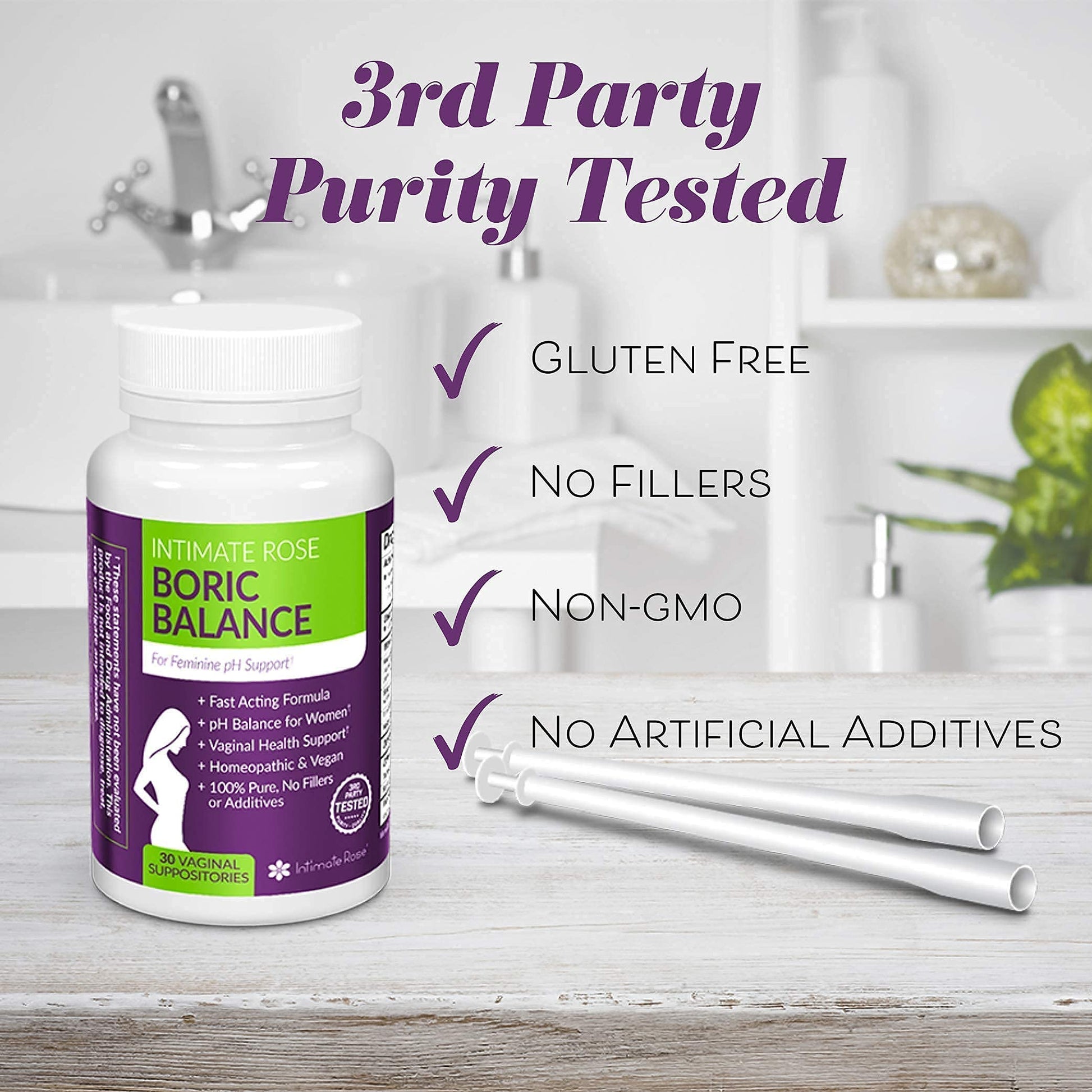 Intimate Rose Boric Acid Vaginal Suppositories - 30 Count (600mg) + 37 Applicators - Feminine Balance Intimate Rose