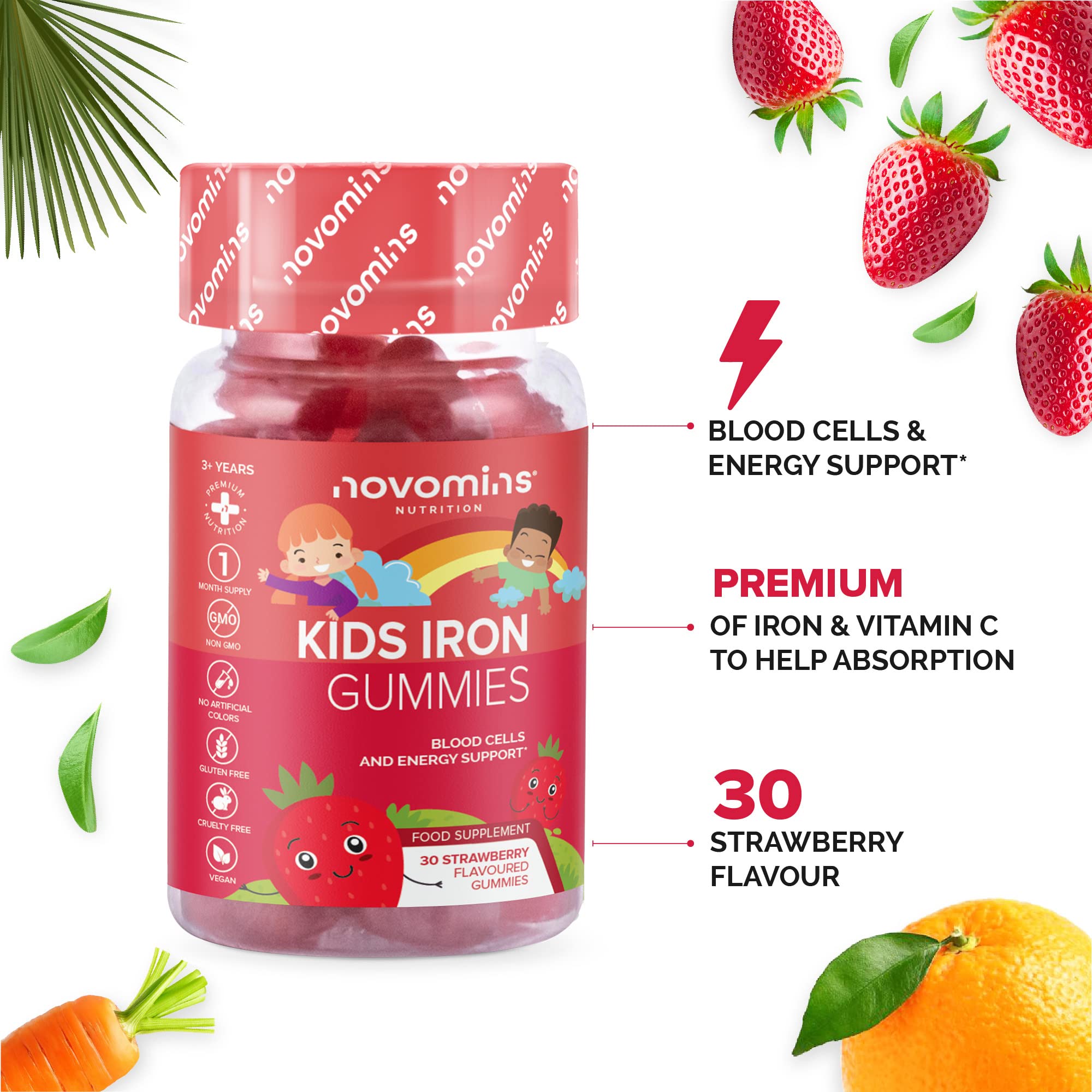 Kids Iron Gummies – Iron Supplement for Kids – Energy & Immune System – Vegan novomins