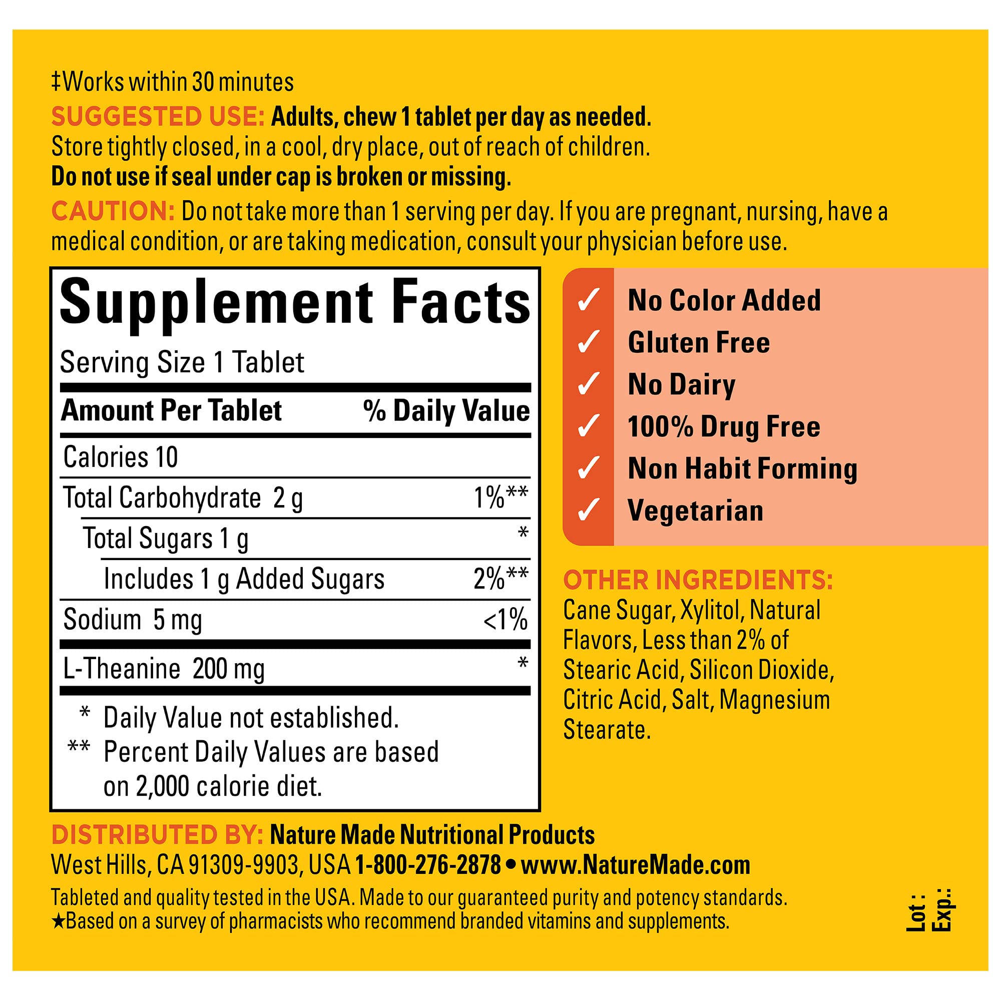 Nature Made Chewable L Theanine 200mg, L-Theanine Supplement for Stress Relief Nature Made