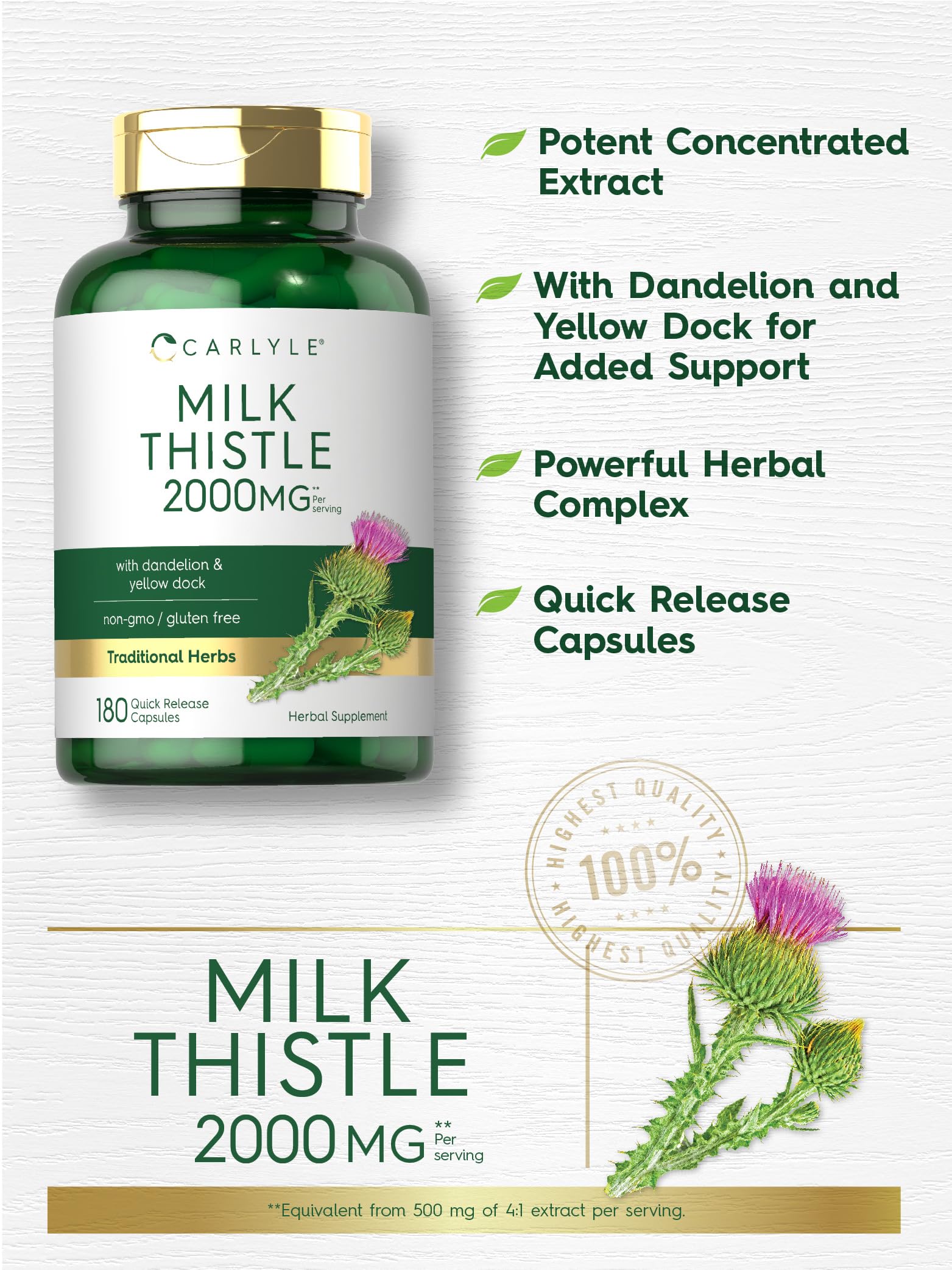 Carlyle Milk Thistle 2000mg | 180 Capsules | with Dandelion & Yellow Dock | Non-GMO Carlyle
