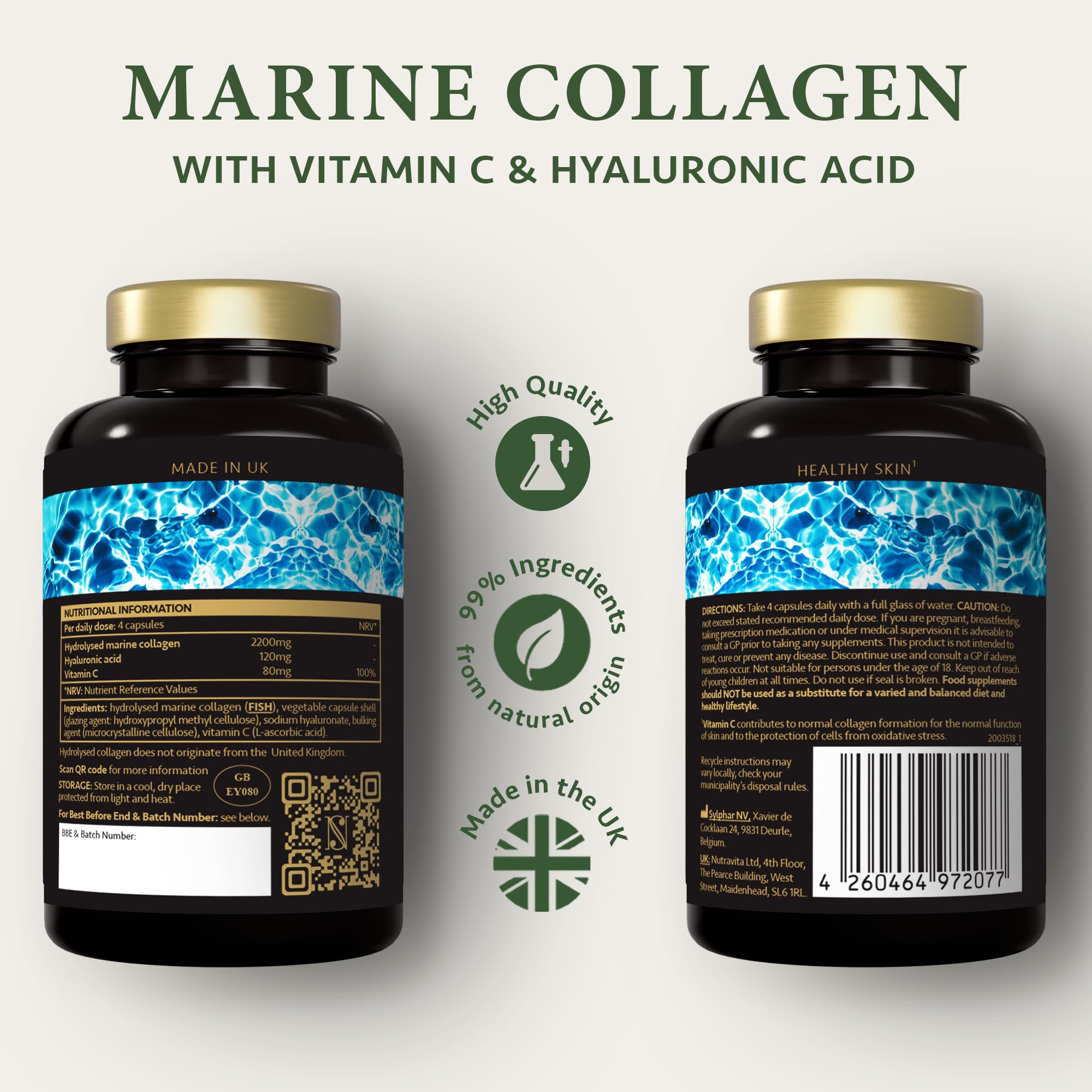 Marine Collagen Capsules with Hyaluronic Acid + Vitamin C 2400mg - High Strength Collagen SatinNaturel