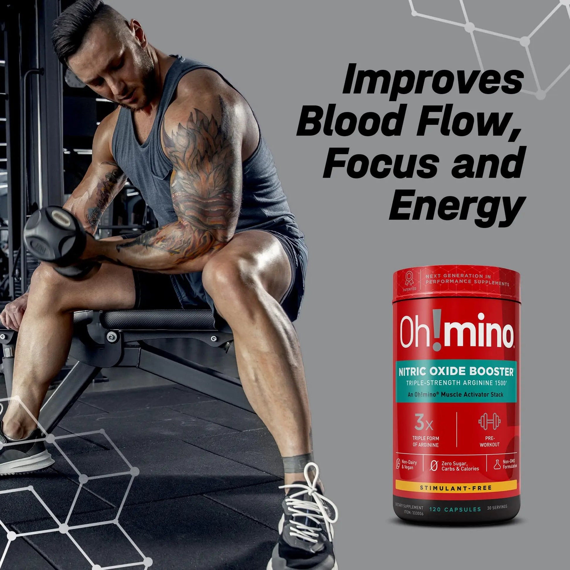 Oh!mino Nitric Oxide Supplement Activator Booster, Triple Strength L-Arginine for Energy, Endurance, Muscle Growth Builder, Pre Post Workout Pills - Natural Beet Root Powder, 30 Servings 120 Capsules