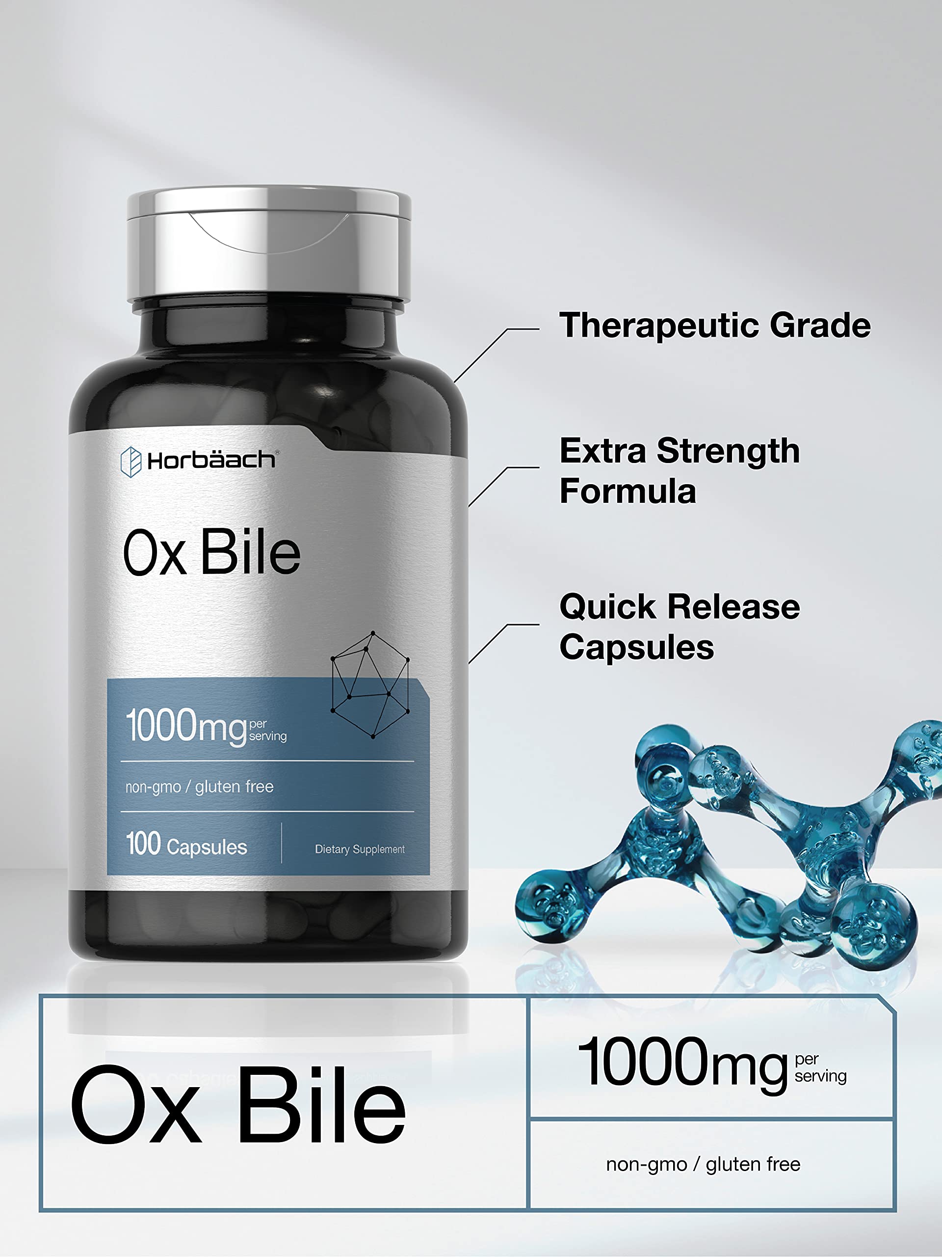 Ox Bile 1000 mg 100 Capsules | Digestive Enzymes Supplement | Non-GMO & Gluten Free Horbäach