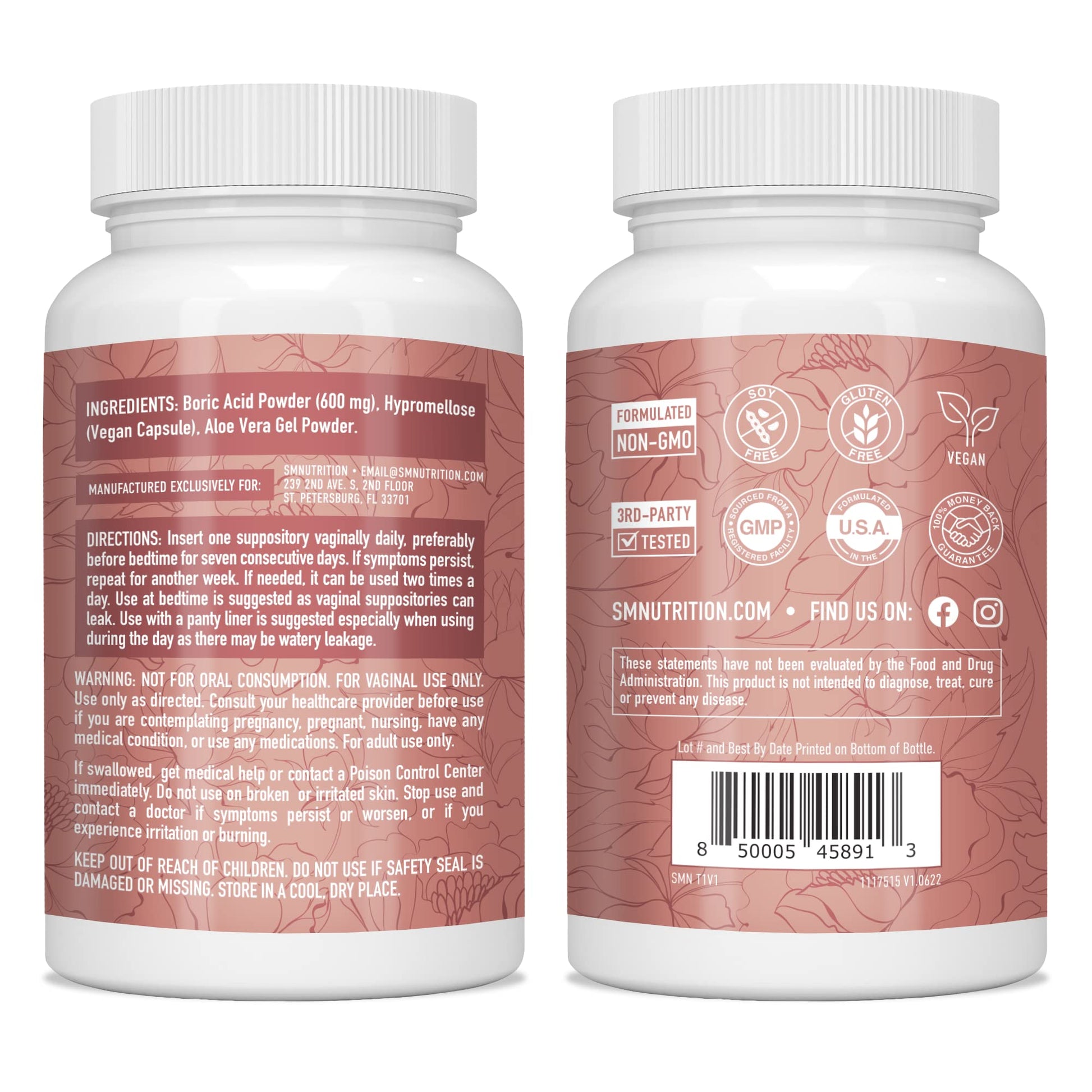 Boric Acid Suppositories for Women | 600mg | for pH Balance, Vaginal Odor & Itching | Feminine Intimate Health SMNutrition