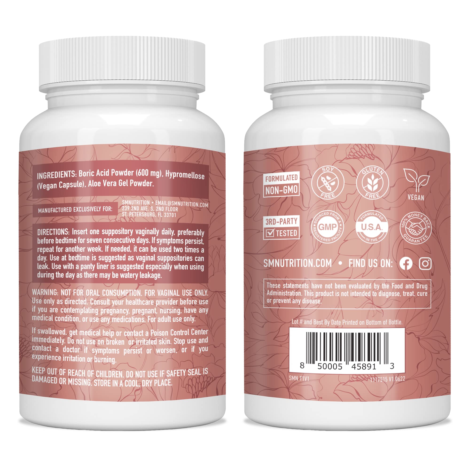 Boric Acid Suppositories for Women | 600mg | for pH Balance, Vaginal Odor & Itching | Feminine Intimate Health SMNutrition