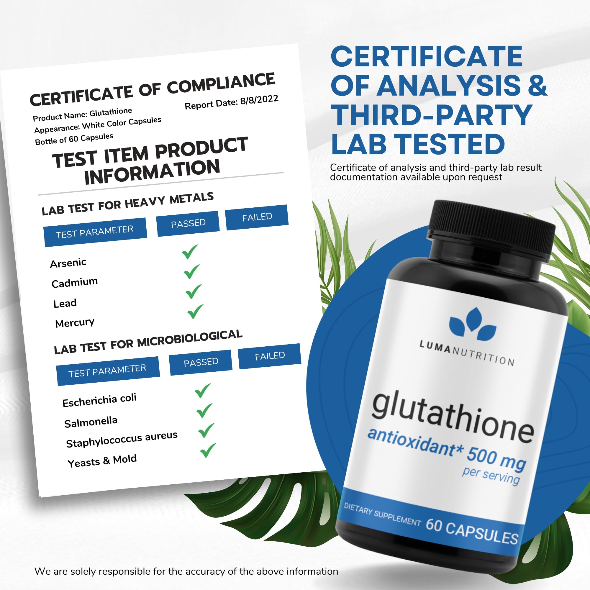 Premium Glutathione - Reduced Glutathione 500mg - Glutathione Supplement - L-Glutathione Luma Nutrition