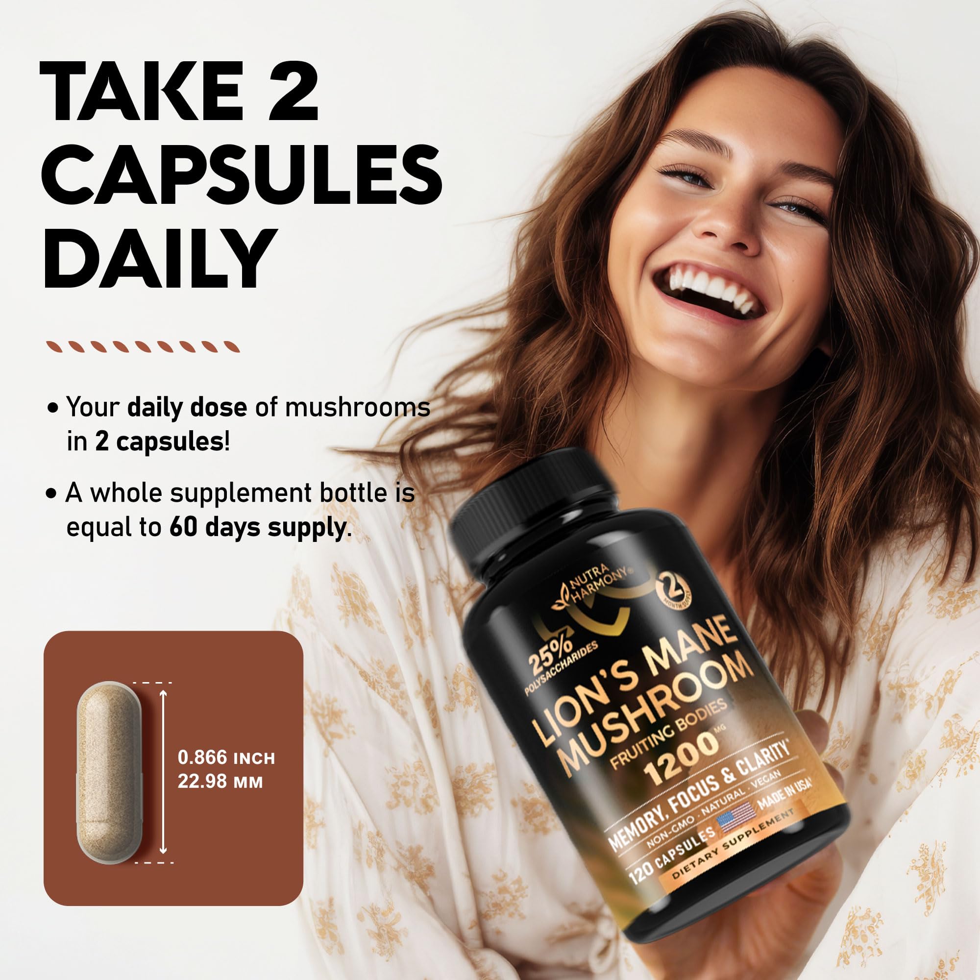 Organic Lions Mane - Certified Mushroom Supplement - Made in USA - Fruiting Bodies NUTRAHARMONY