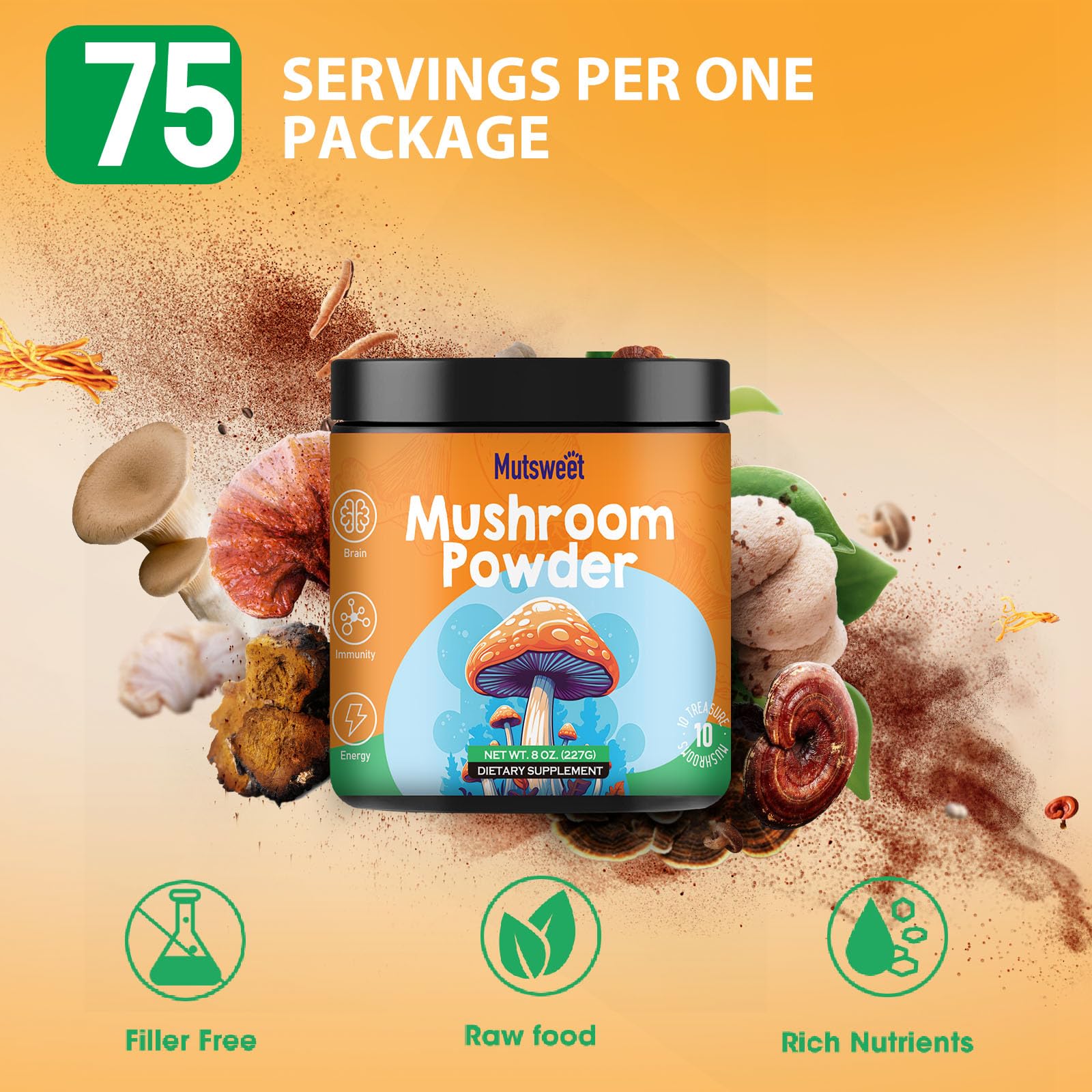 Mushroom Powder Blend (75 Servings), Ten Mushroom Supplement with Lions Mane Mutsweet