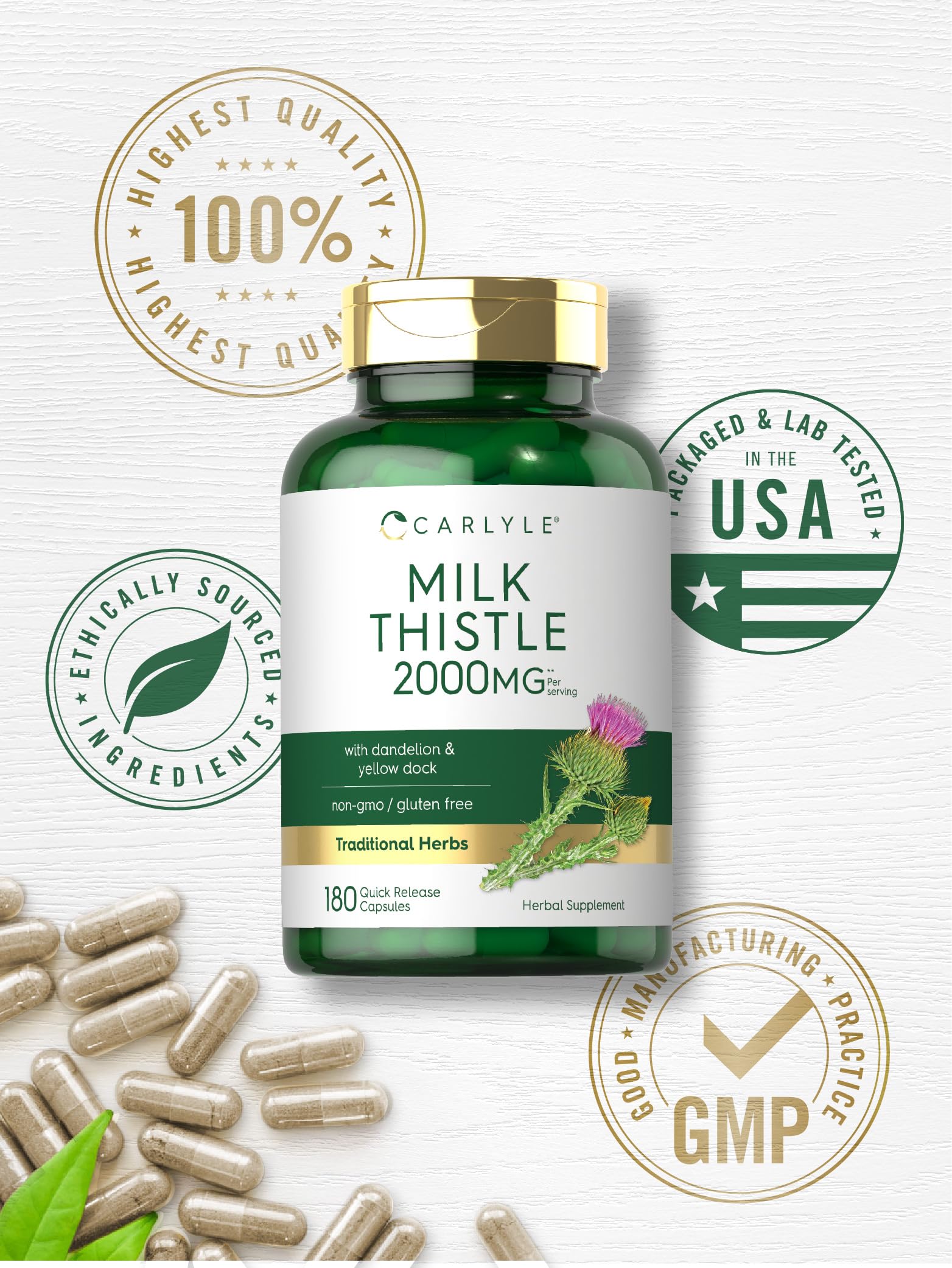 Carlyle Milk Thistle 2000mg | 180 Capsules | with Dandelion & Yellow Dock | Non-GMO Carlyle
