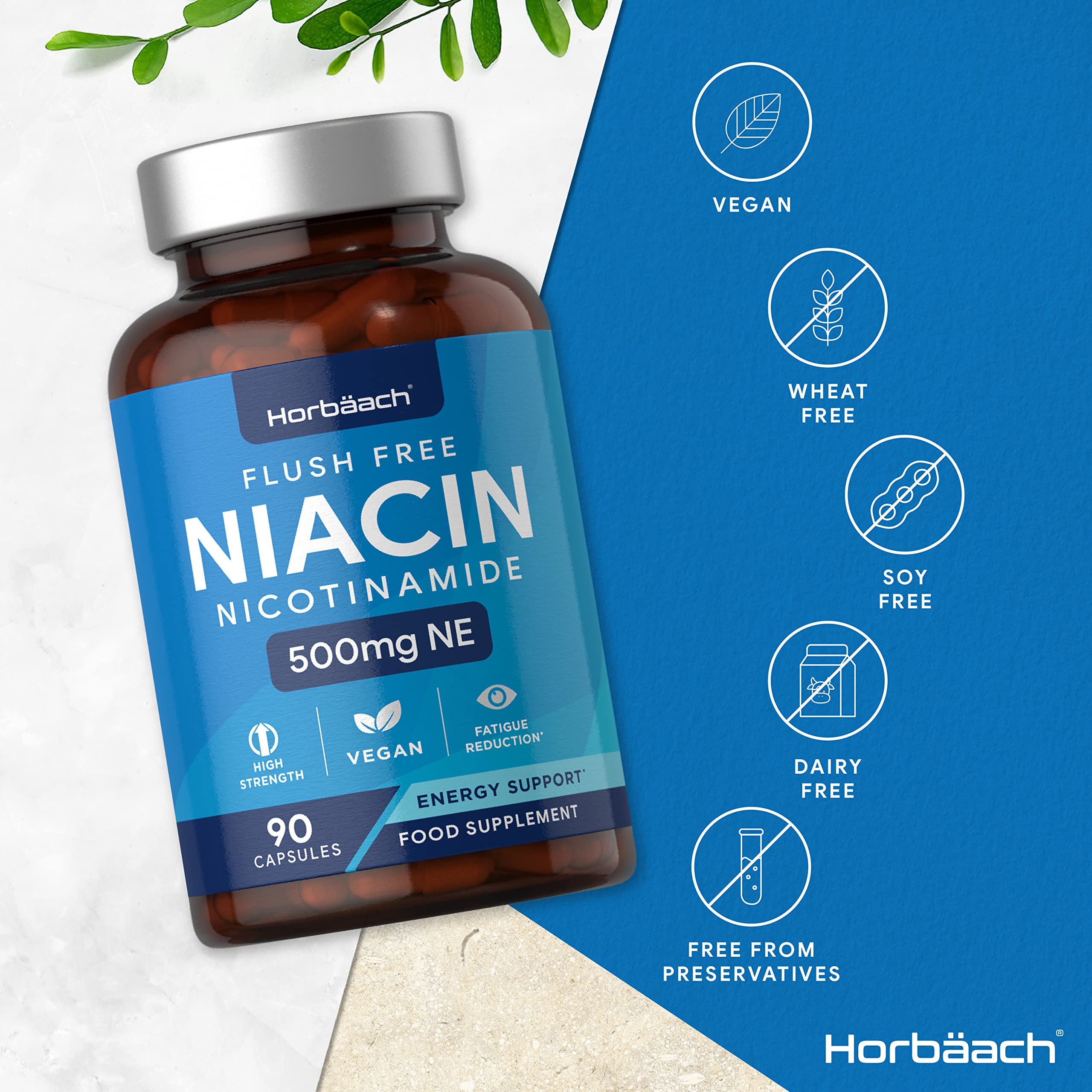 Vitamin B3 Niacin 500mg | 90 Vegan Capsules | Flush Free Nicotinamide Supplement Horbäach