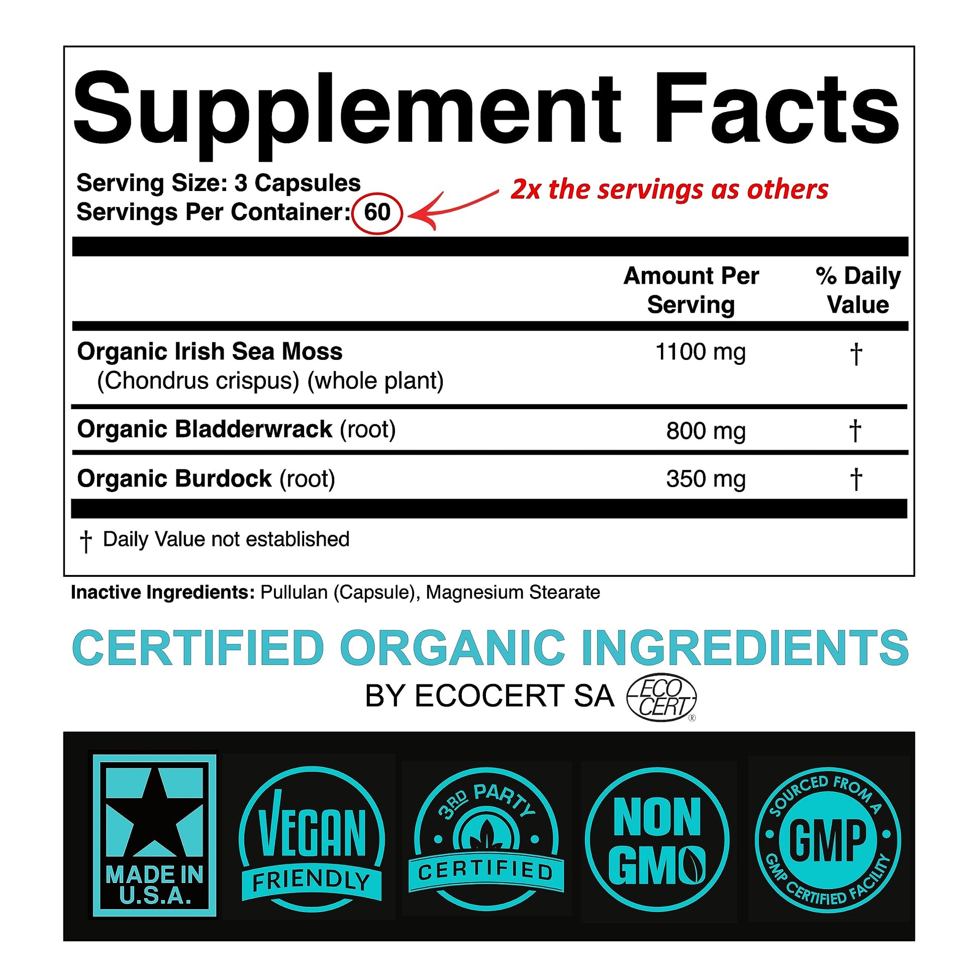 Certified Organic Sea Moss Capsules 2250mg Wildcrafted Irish Sea Moss Burdock Root SPARTIS